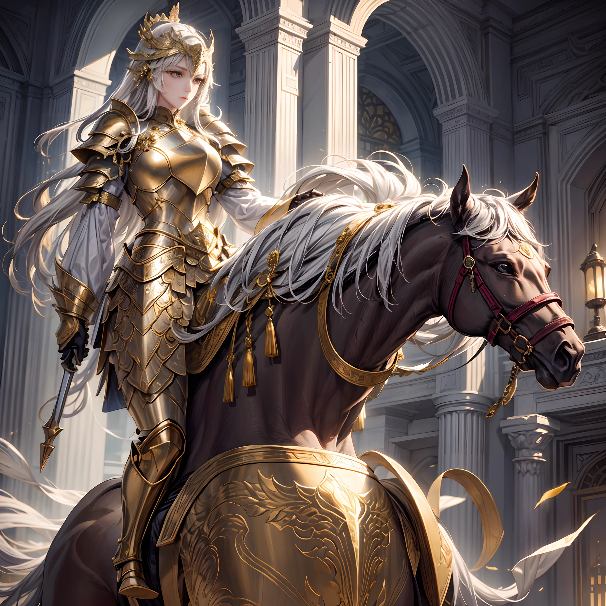 1 Female knight,Ride a white horse,anatomy correct, (Exquisite helmet),Gold armor,Delicate pattern,Oriental elements,Ink painting style, Clean colors,gold space, Soft lighting, ( Bokeh),Masterpiece, Super detailed, Epic composition, Highest quality, 4K,