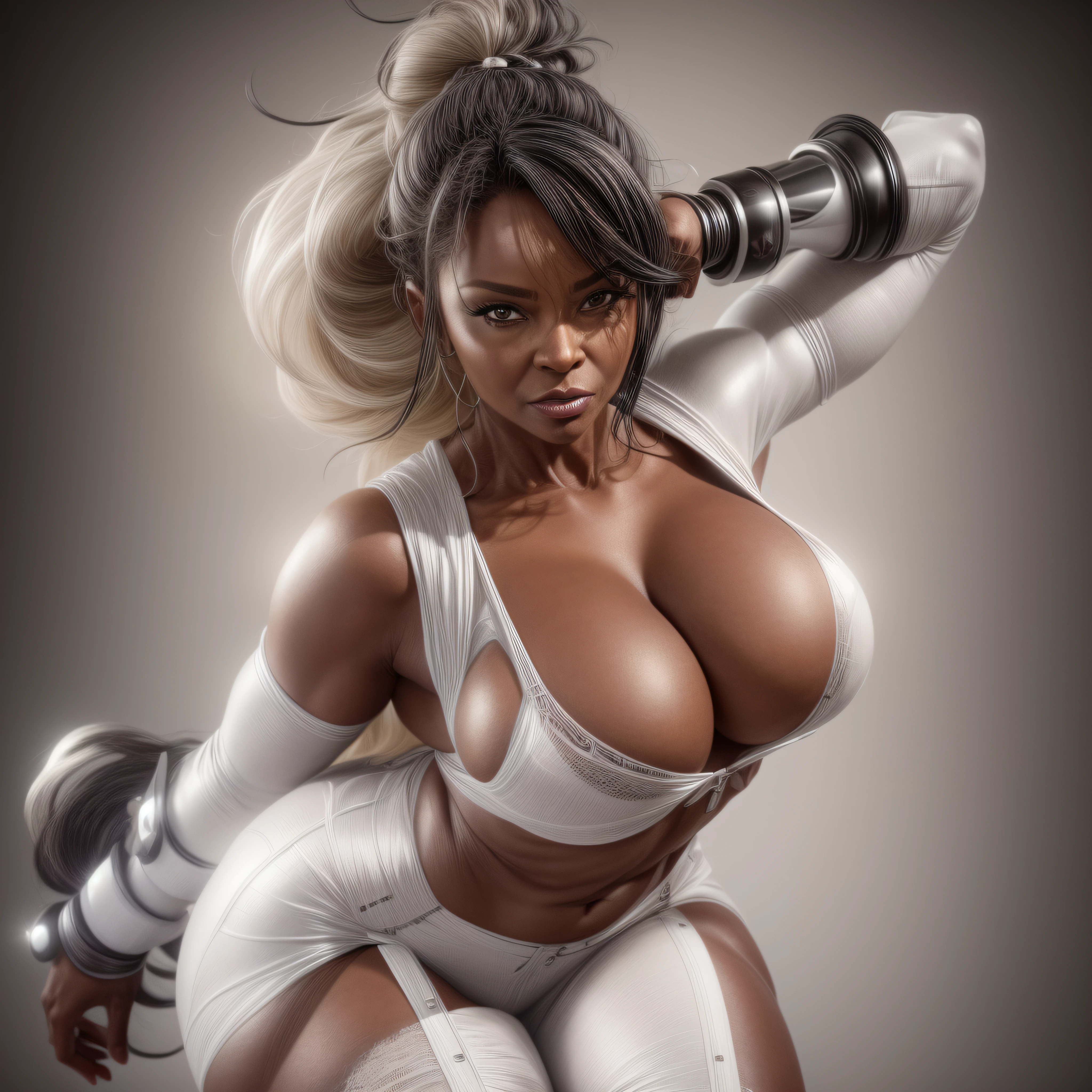 Linda, muito linda, Gorgeous 60-year-old beautiful American black mature lady. olhos azuis, de cabelos brancos, mulher espetacular (corpo inteiro 1.3) de seios volumosos, mulher com boca MUITO sensual, cabelo curto e branco, quadril largo, Curvilinea, bunda muito grande, fotografada em 8k, 3D-rendering, lifelike lighting, vestida num short branco, mulher negra, mulher preta, mulher afro-americana, Mulher negra, mulher de 60 anos de idade,