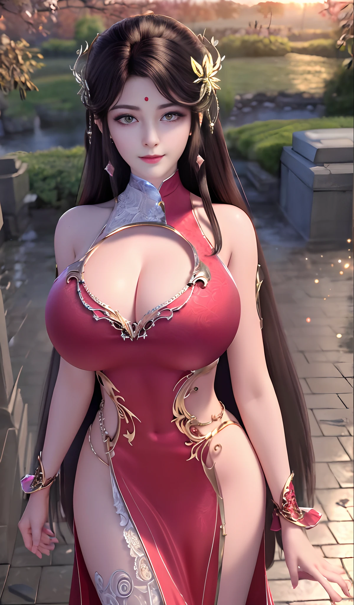 ultra realistic 8k cg, flawless, clean, masterpiece, professional artwork, famous artwork, cinematic lighting, cinematic bloom, perfect face, beautiful face, fantasy, dreamlike, unreal, science fiction, lace, lace trim, lace-trimmed legwear, luxury, jewelry, diamond, gold, pearl, gem, sapphire, ruby, emerald, intricate detail, delicate pattern, charming, alluring, seductive, erotic, enchanting, hair ornament, necklace, earrings, bracelet, armlet,halo,autumn,
((,1girl, pov,best quality,)), (((1girl, solo))), (huge round breasts:1.5), red dress, long_hair, (half body, looking at viewer:1.5).
