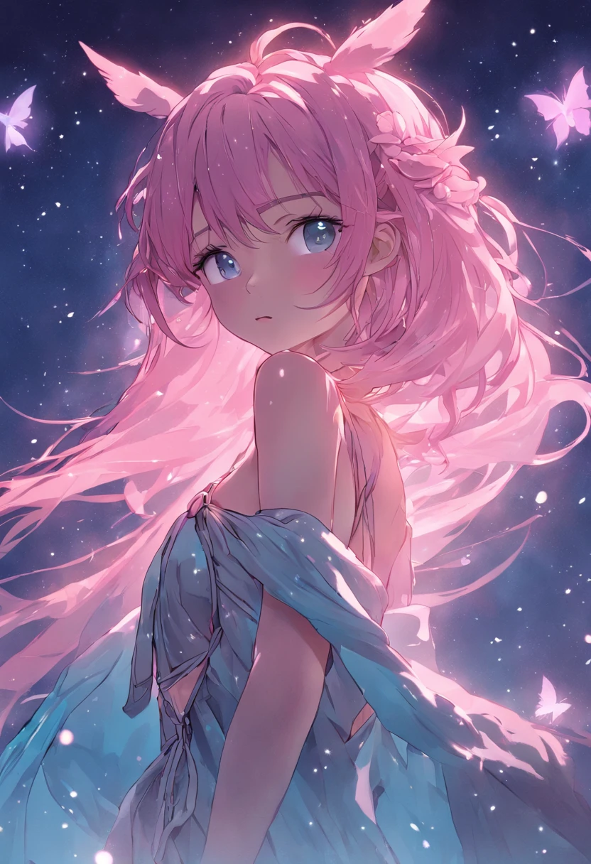 A girl,A pink-haired,Straight body,Wear only a white ultra-small bikini,adolable,blue color eyes,Loving
