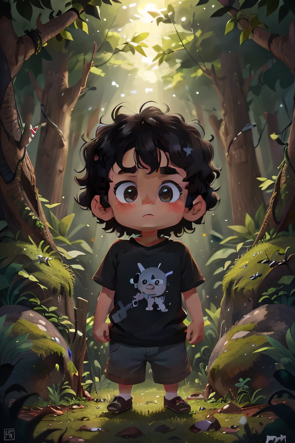 Cute boy, 8 years k curly hair, curious eyes, perfect look, perfect face, scared in the dark forest