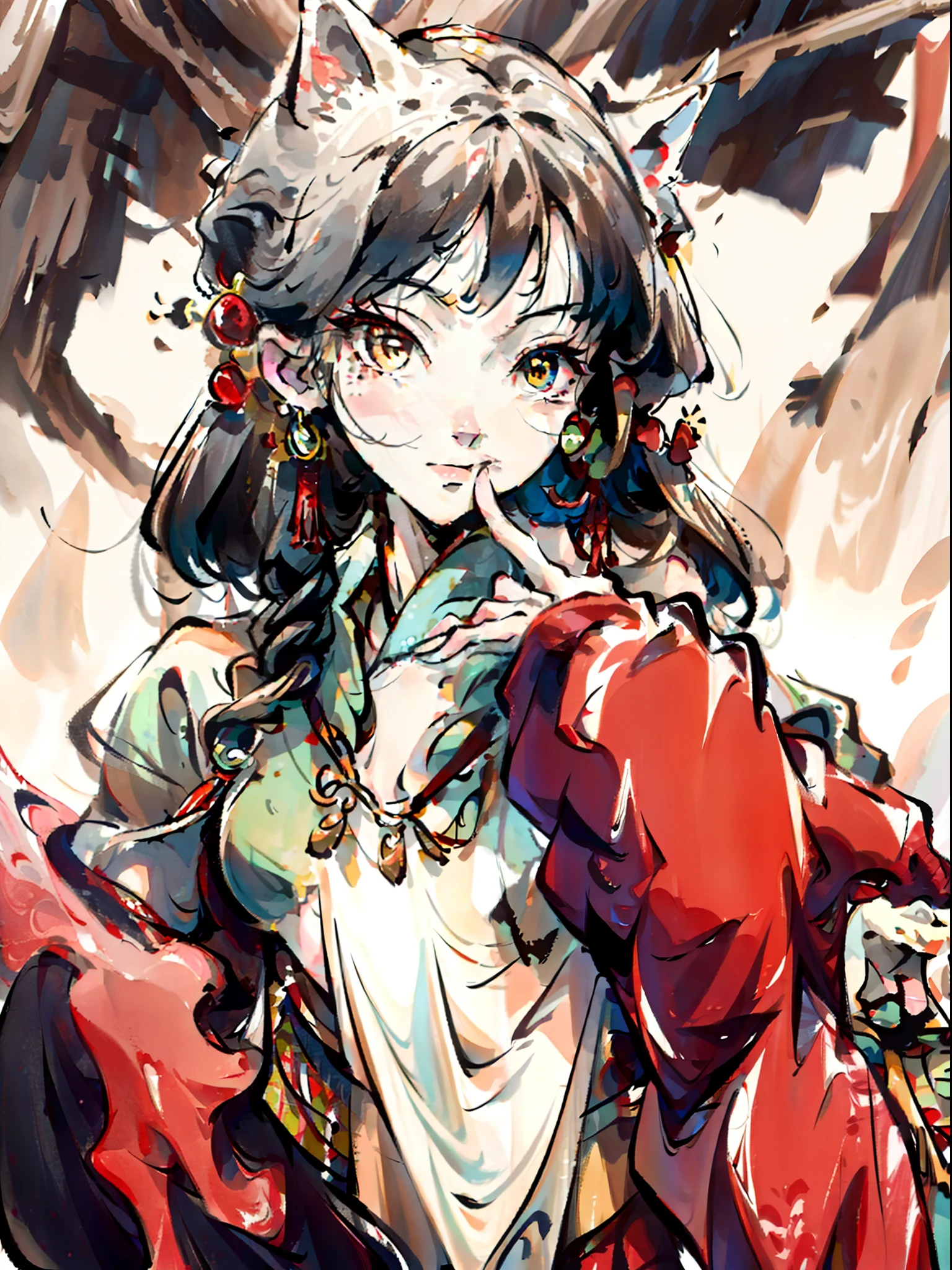 woman, masterpiece, best quality, official art, 8k wallpaper, highly detailed illustration, one woman, bewitching, lewd, sharp eyes, single, sharp eyes, adult, lewd, noble, light eyes, glossy woman in her 40s, bob hair, short cut, beautiful light brown hair, hair fluttering, cut, adult atmosphere, queen, empress, majesty, beautiful eyes, beautiful fingers, red clothes, red eyes, detailed eyes, forest, bare shoulders, kimono, calm, calm eyes, Kaede