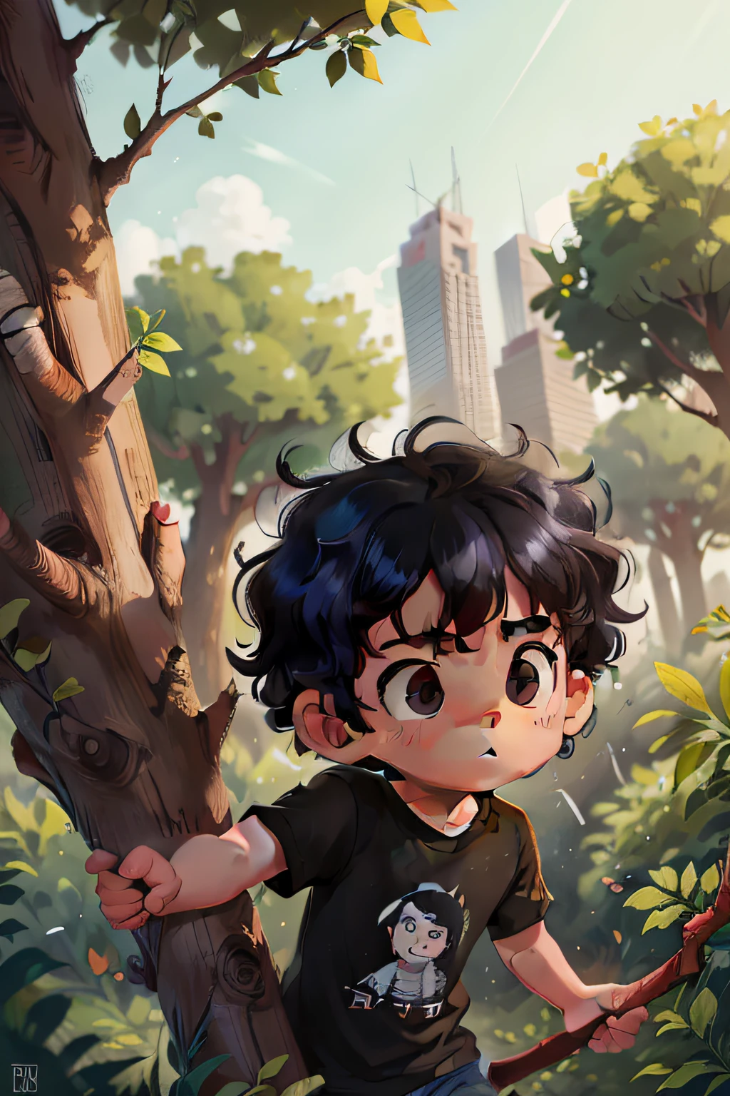 Cute boy, 8 years k curly hair, curious eyes, perfect look, perfect face, wearing black t-shirt, feeling brave and fearless. swinging a tree branch in hands