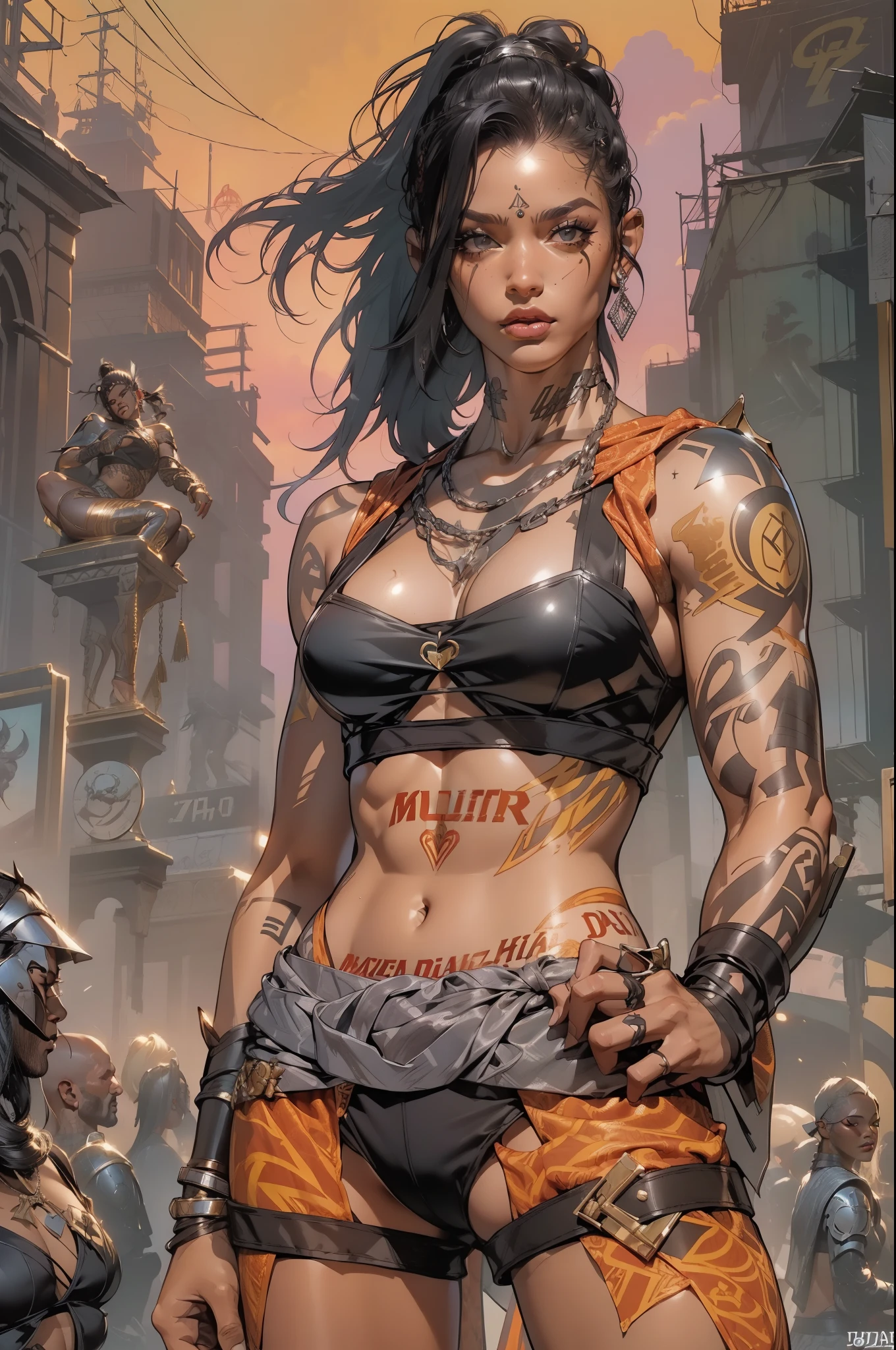 (((mulher))), (((melhor qualidade))), (((obra prima))), (((adulto))), laranja, A 30-year-old gladiator woman with an athletic body, (((sozinho))), (((1girl))) , Gladiadores do Brooklyn, quase nua no estilo selvagem urbano de Simon Bisley para a capa da revista Heavy Metal, cabelos pretos com ponytail, Minimum clothing, listras laranja e preto, armadura, cheio de pontas e rebites, tatuagem Yakuza, (((do joelho pra cima))), cabelo bob haircut preto
