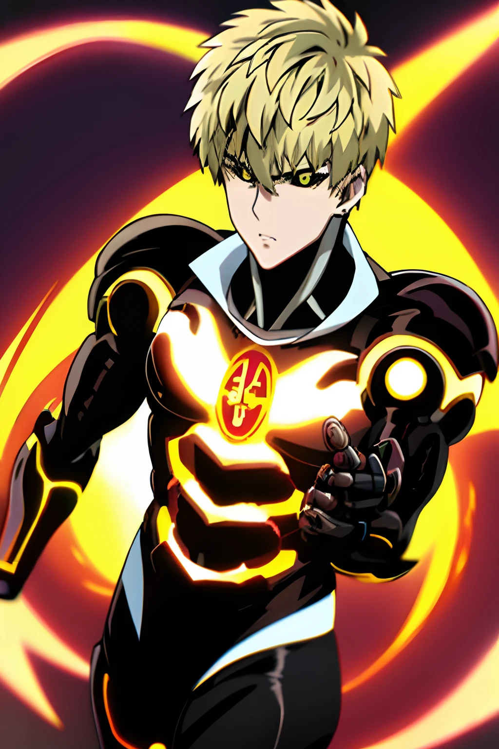 Genos, anime, Um soco, 1st grade, Foco masculino, 1st grade, parte superior do corpo, (aura amarela:1.4), blonde hair, sozinho, olhos brilhantes, avental, peitoral robotico, ciborgue, fire, esclera colorida, olhos amarelos, Esclera Negra, circunstanciado, best quality,