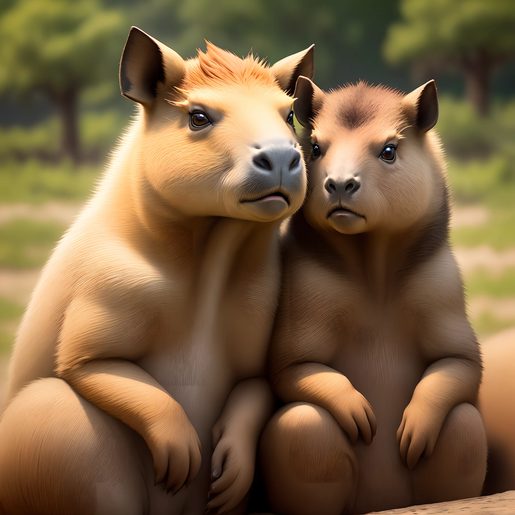 Create several scenes of capybaras in Rio talking to an alligator