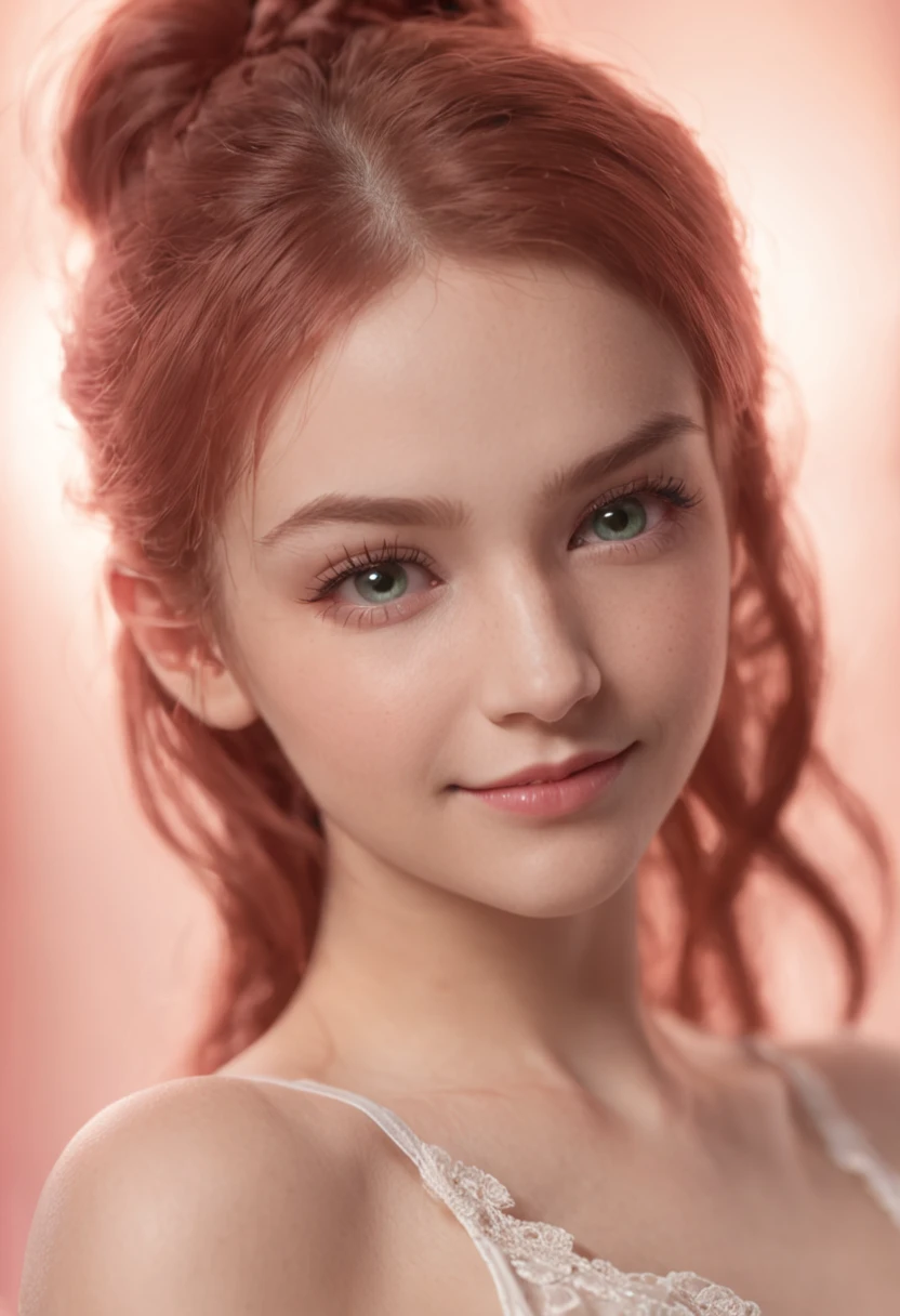 night scene, close up photo of a sexy naked girl, posing, look at a camera and smile, pink ponytail hair, (green eyes:0.8), cute young face, 18 yo, soft volumetric lights, (backlit:1.3), (cinematic:1.3), intricate details, (ArtStation:1.2)