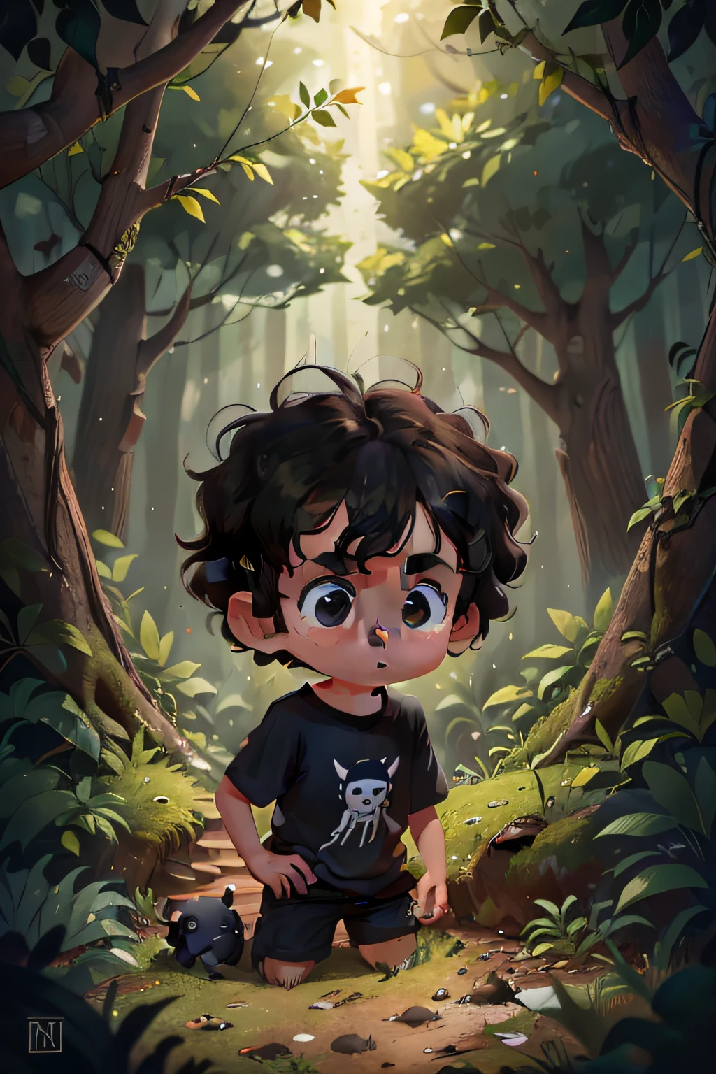 Cute , age 8, black curly hair, curious eyes, perfect look, perfect face, wearing black t-shirt, feeling afraid and scared in dark forest