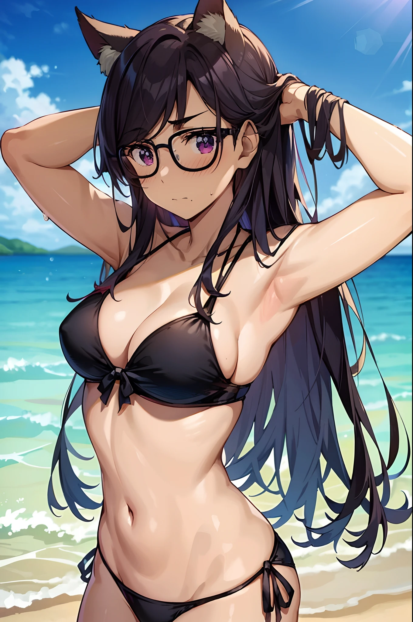 masterpiece, best quality, upper body, minakatahizuru, 1girl, long hair, beautiful, hot, medium breasts, cat ears, bikini, beach, standing, blush, arms down, beautiful pose, closed mouth