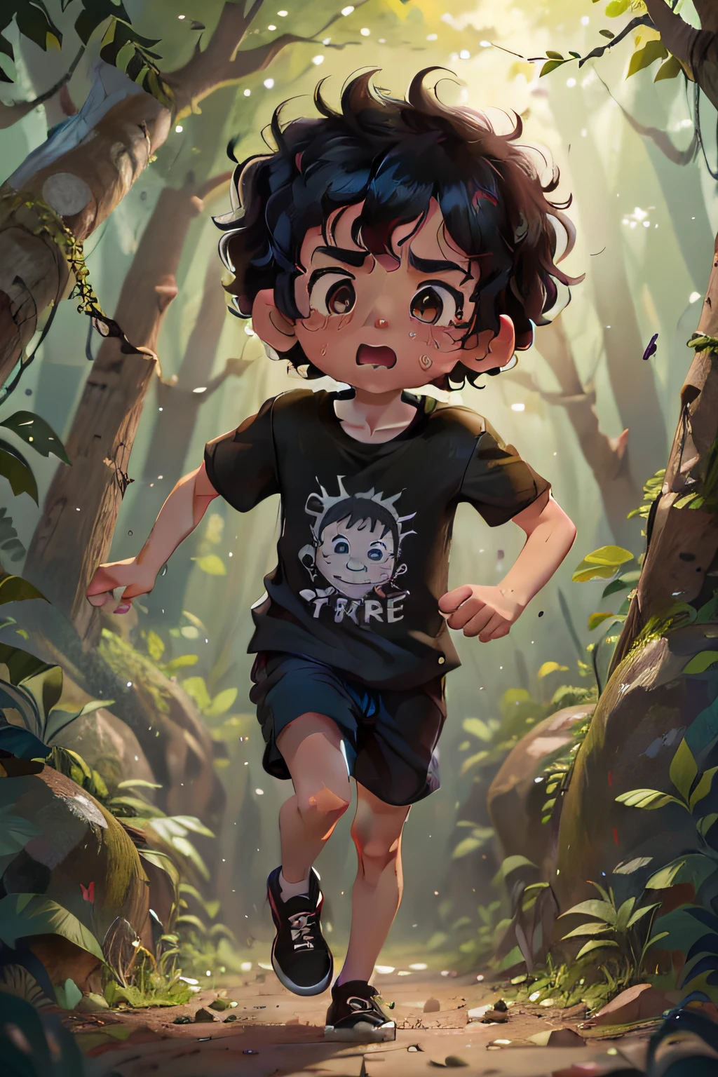 Cute  boy, 8 years k curly hair, Curly eyes, perfect look, perfect face, wearing a black T-shirt, running looking to the side, scared and lost and crying in the forest