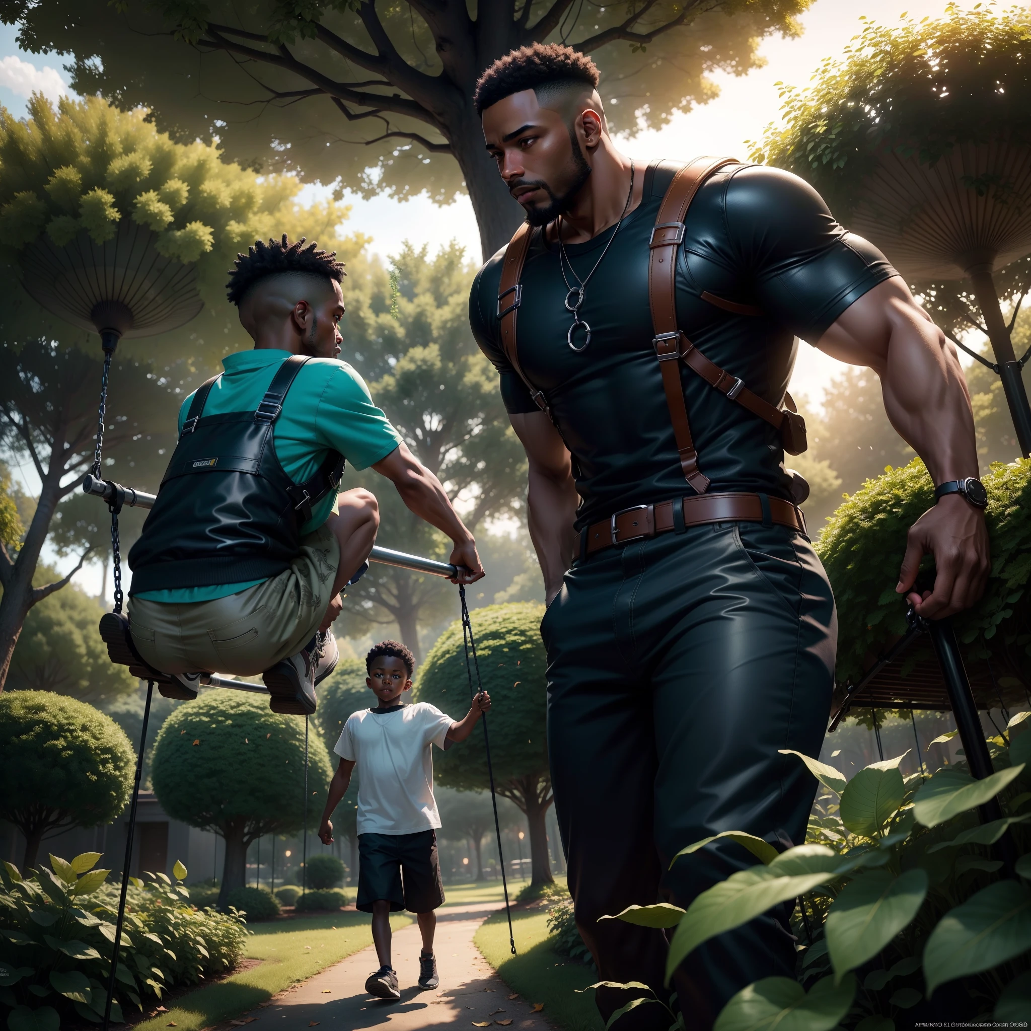 Black man pushing young son in a swing in the middle of a tree garden, leaves falling from the trees, with iridescent light, highly detailed images, vibrant beautiful colours, photorealistic image, 8k, ultra HD, unreal engine rendered, cinematic lighting, artgerm style,