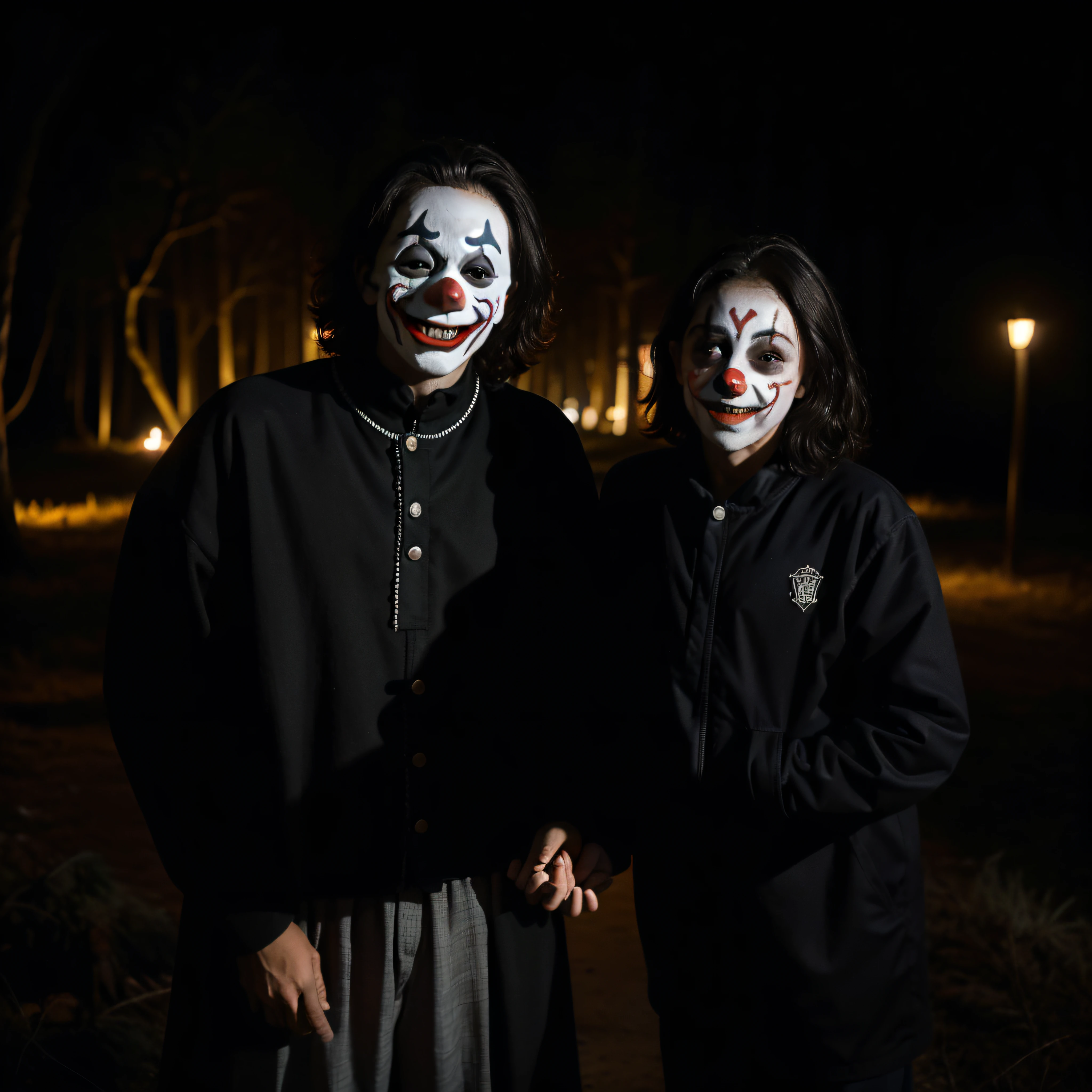 (extremadamente detallado, obra maestra, La mejor calidad, foto antigua, principios de siglo) dark kids with horror clown masks, colmillos, una linterna directa lo ilumina, bosque de noche. plano cercano. sangre por el suelo.