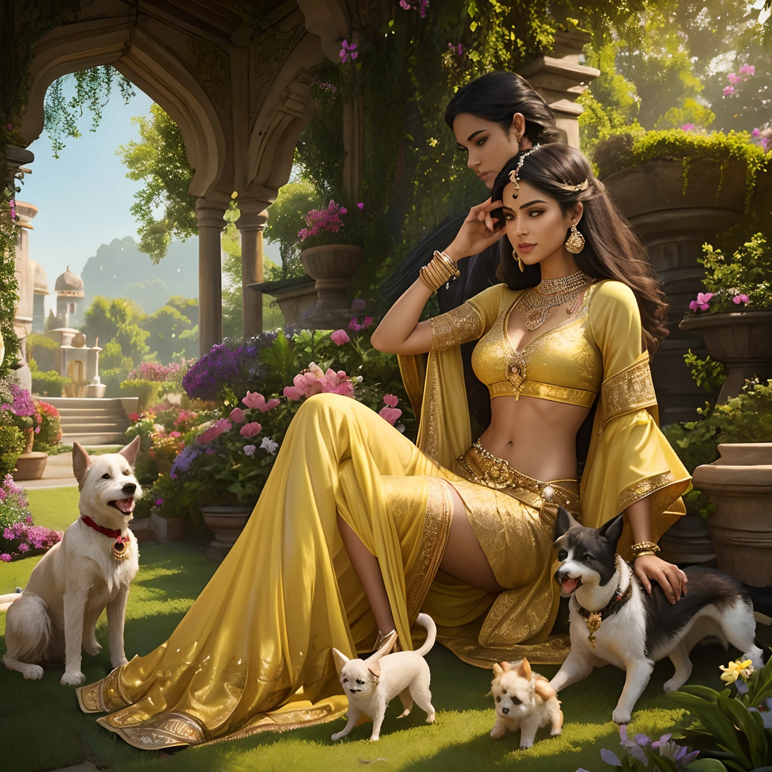 "Indian princess showcasing her toned stomach and long legs, adorned in an elegant jeweled light yellow dress, amidst a picturesque garden. Playfully interacting with her dogs. Realistic depiction with intricate details."