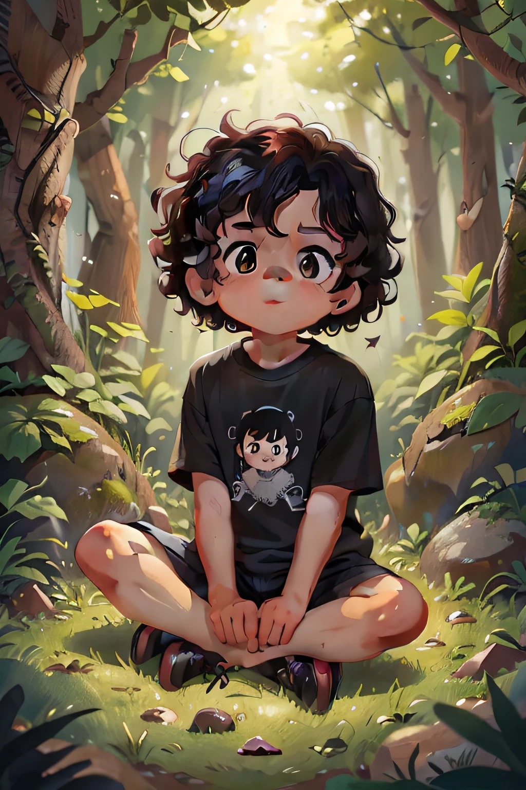 Cute little boy, age 8, black curly hair, curious eyes, perfect look, perfect face, wearing a black T-shirt, sitting cross-legged in the woods