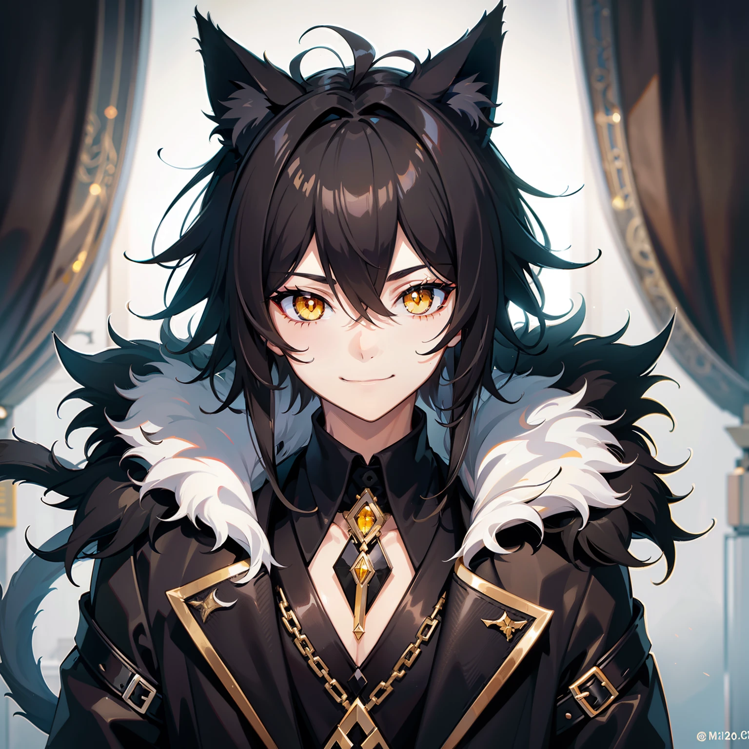 ultra detailed, best quality, finely detail, anime boy, neko, 1 boy, male, black hair, medium hair, messy spiky hair, volumous messy hair, black fur jacket, black clothes, cat ears, animal ears, black feline tail, black shorts, smile, relaxed expression, happy smile, anime smile, hood around the neck extremely large, white eyes, yellow pupils, extremely detailed eyes