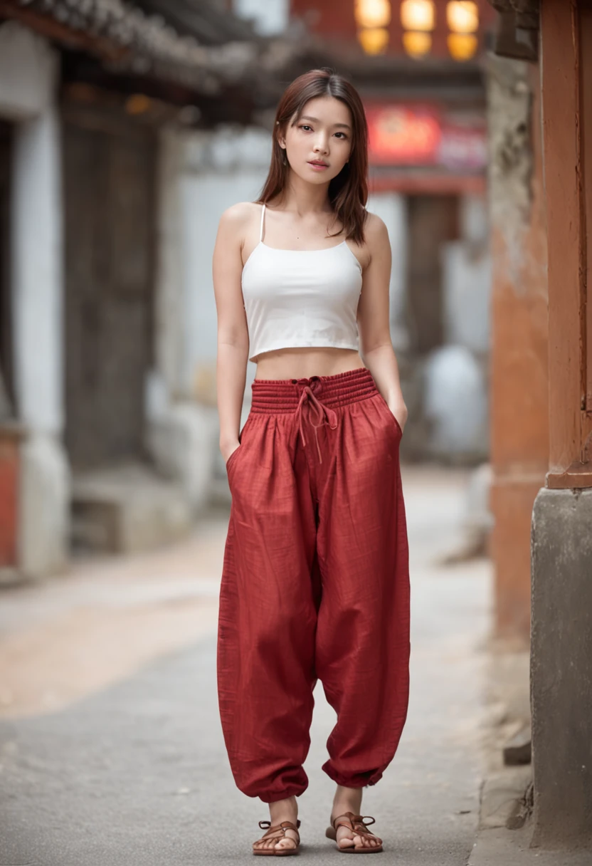 (Best Quality:1.4), (超A high resolution:1.2), (Photorealistic:1.4), (8K, Raw photo:1.2),(medium shot :1.4), (Brown eyes), Girl walking down the street, Wearing ( Red Thai Elephant Harem Pants:1.3),(White top:1.2), (Nice shoes),(Natural light),(Rim Lights)