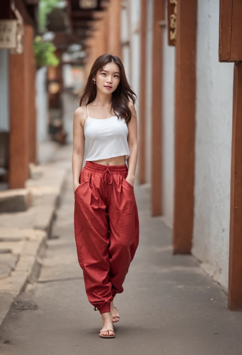 (Best Quality:1.4), (超A high resolution:1.2), (Photorealistic:1.4), (8K, Raw photo:1.2),(medium shot :1.4), (Brown eyes), Girl walking down the street, Wearing ( Red Thai Elephant Harem Pants:1.3),(White top:1.2), (Nice shoes),(Natural light),(Rim Lights)