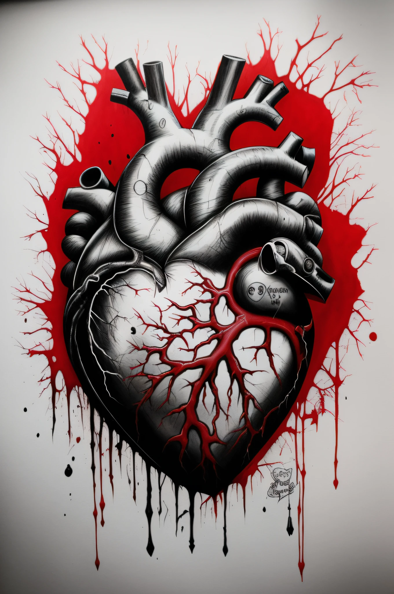 a drawing of a heart with blood splattered on it, real heart, real heart!, anatomical heart, (heart), gothic harts, human heart, heart effects, alex pardee, anatomically correct heart, broken heart, ink artwork, 🎨, amazing, heart operation, connected to heart machines, broken hearts, shawn coss, very realistic