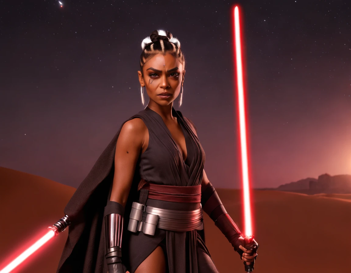 Movie poster of (((Ahsoka2023))), action character from Star Wars, ((detailed black woman as Ahsoka)), ((full body of black woman with fancy dark clothes)), breathtaking face, nice skin, black woman with red neon light saber, background of ((Tatooine custome by Star Wars:1.4)), scifi city on background, vivid colors, anime style, sunset afternoon lights, realistic and intricate photography, unreal engine, stunning art, cinematic shading