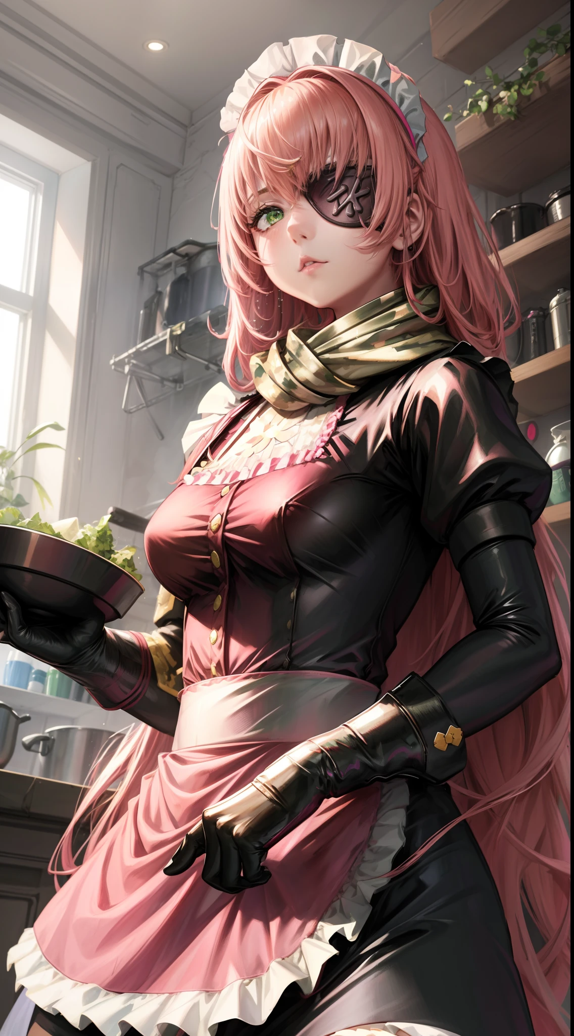 focused to upper body, realistic, 1girl, long pink hair, sparkling green eyes with 1 eyepatch, (maid outfit with military shawl), standing pose, kitchen background, perfect limbs,