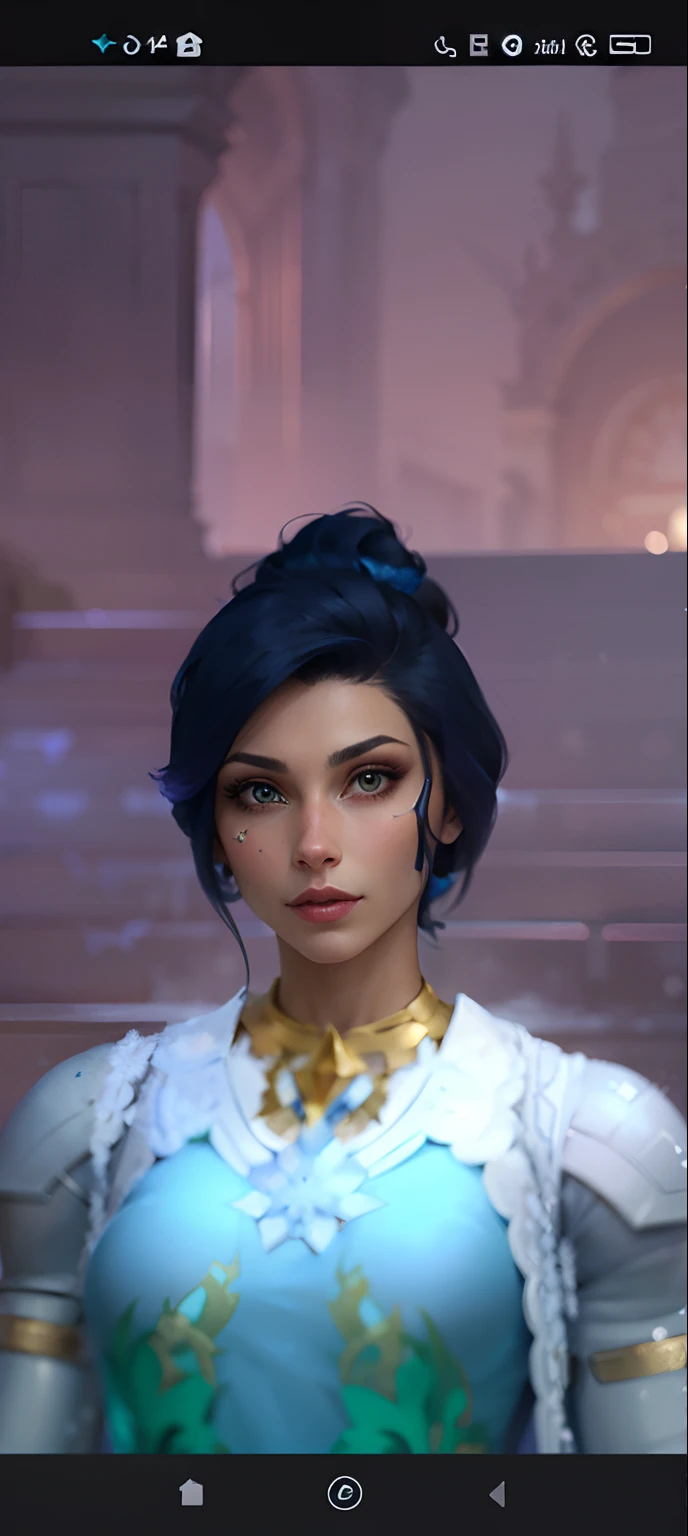 a close up of a person in a blue dress with a blue hair, short blue haired woman, ingame image, cattie - brie of mithril hall, brigitte, avatar image, zenra taliyah, inspired by Adélaïde Victoire Hall, taliyah, pharah, alluring mesmer woman, ethereal vaporous tan skin, icey snow background, hd, high quality, masterpiece, snow, beautiful snowy background, bloom, 4k