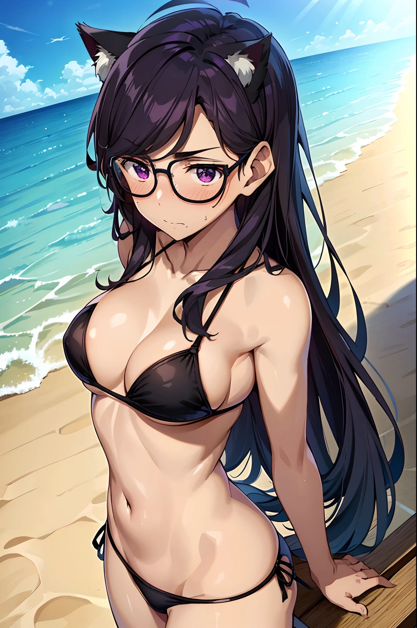 masterpiece, best quality, upper body, minakatahizuru, 1girl, long hair, beautiful, hot, , cat ears, , beach, standing, blush, arms down, beautiful pose, closed mouth