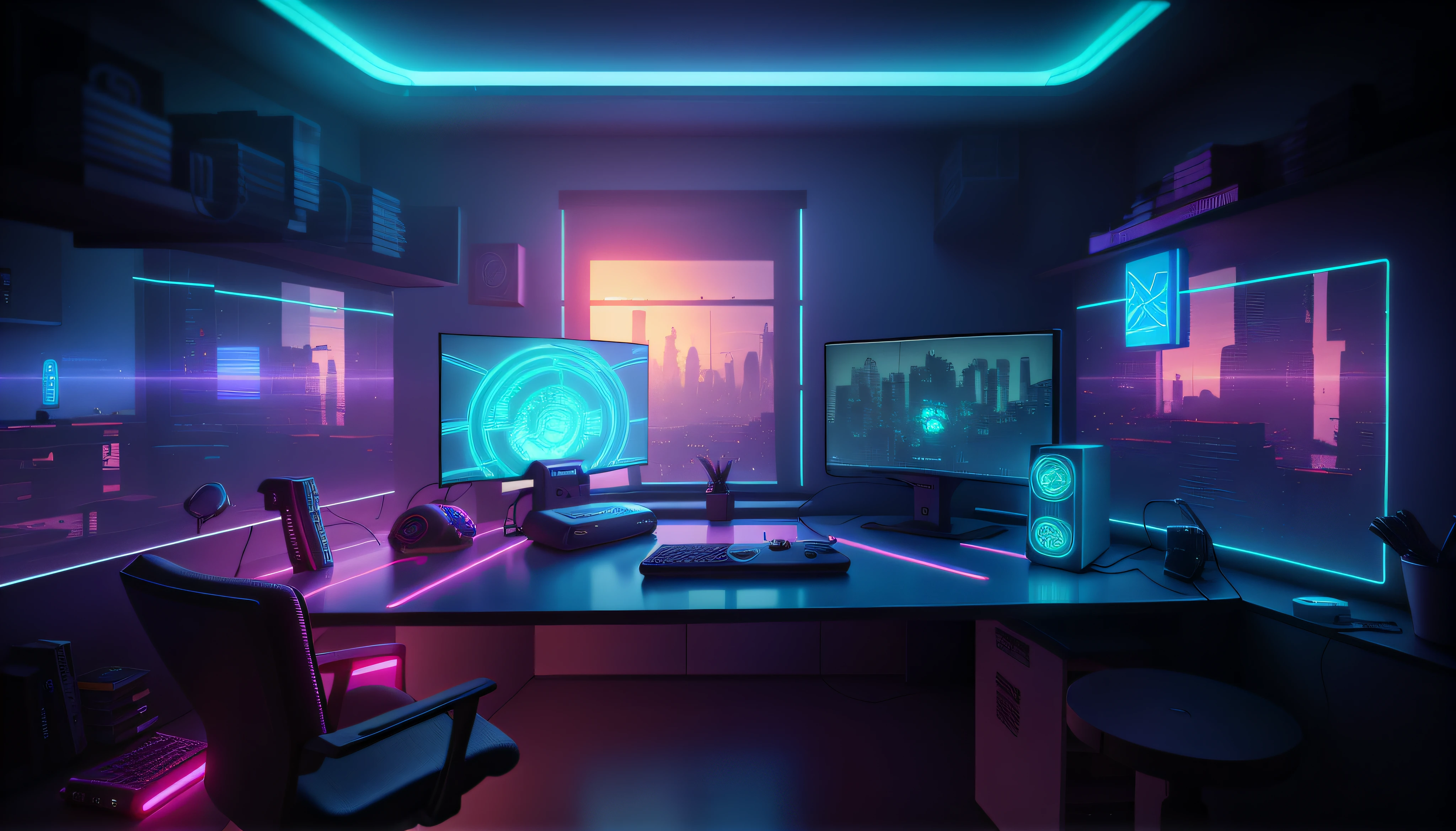 There is a desk with two monitors and a keyboard in one room, sala de jogos em 2 0 4 0, cyberpunk setting, sala de jogos, Cyberpunk Room at Night, quarto adolescente cyberpunk, in a cyberpunk themed room, Computadores para jogos, interior cyberpunk, cyberpunk with neon lighting, Sala SCIFI, 3 d render bipe, gamer screen on metallic desk, Quarto Infantil Cyberpunk