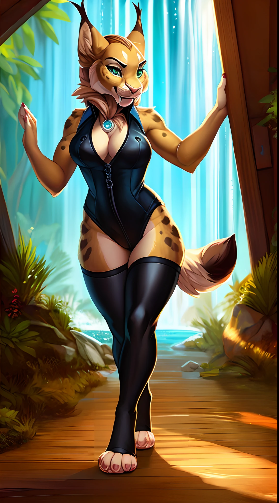 Uploaded on 621, by Pixelsketcher, by Bayard Wu, by Thomas Benjamin Kennington , by Einshelm, by Valkoinen:2, (realistic, ultra realistic):1.8, Jade the bobcat, Linx, female, furry anthro,  long cat ears, pink nose, (Detailed clear aquatic eyes:1.3), fangs, beige brown hair, (long fringes:1.5), ponytail, light tan body, extremely and very intricately detailed face, tuft of skin from the neck, (tomboy), real life, ((portrait)), kneeling, on knees, spreading legs, dynamic pose, (very long lynx tail:1.4), (detailed lighting by Valkoinen), (fluffy fur), (detailed fur), (detailed skin), (smirk:1.1), perfect face, cinematic lighting, ((detailed forest background, waterfall, hills, tree)), oasis, beautiful lake, wide angle view, (half body shadow:1.3), [[crepuscular ray]], bare belly, belly discovered, navel, extremely and very intricately detailed furry paws with socks, perfect furry legs, perfect paws with socks, very detailed paws with socks, perfect eyes, semi covered ass, bottomless, [detailed ambient light], [gray natural lighting], [ambient light on the belly], (higher wildlife feral detail), outdoors, ocean view and beach, [realistic proportions], [sharp focus], (shaded), ((masterpiece)), (((((wearing a sexy black office suit and striped socks, very sexy black office suit and striped socks, sexy black office suit with shirt and striped socks, black office suit with shirt and striped socks, sexy striped socks, extremely and intricately detailed femboy striped socks, extremely and very intricately detailed office suit and shirt, furry pawpads, perfect pawpads, professional drawn pawpads))))), (looking at the viewer, ((presenting, no panties, without underwear, no underwear, bottomless, bare ass, extremely and very detailed furry toes, perfect toes, perfectly drawn toes)))