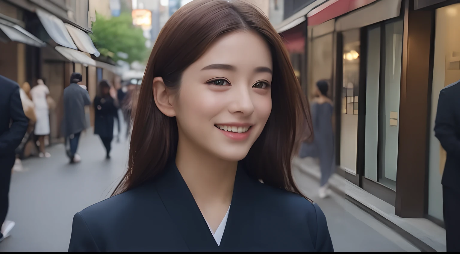 ((top-quality、8K、masterpiece:1.3))、(1girl in)、A smile、full body Esbian、(Hardship at work),Slim Faces、Pretty women、(dark brown hair)、Full-length dresses:1.1、hyperdetailed face、A detailed eye、二重まぶた、blured background、Slim Faces、城市、takeout、a street、japanes