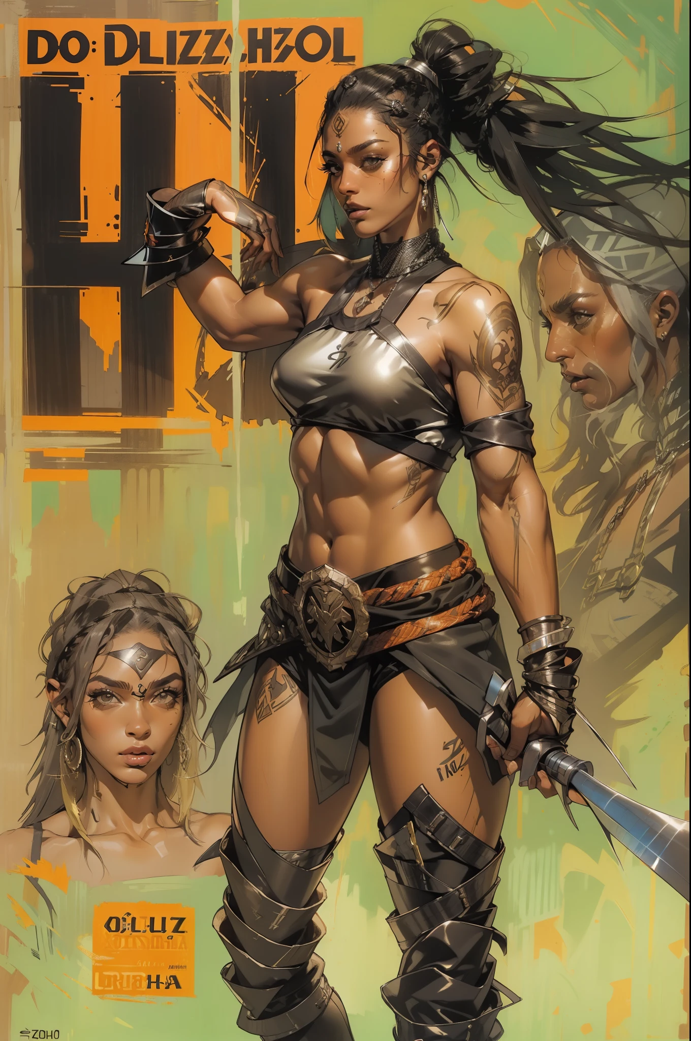 (((mulher))), (((melhor qualidade))), (((obra prima))), (((adulto))), laranja, A 30-year-old gladiator woman with an athletic body, (((sozinho))), (((1girl))) , Gladiadores do Brooklyn, quase nua no estilo selvagem urbano de Simon Bisley para a capa da revista Heavy Metal, cabelos pretos com ponytail, Minimum clothing, listras laranja e preto, armadura, cheio de pontas e rebites, tatuagem Yakuza, (((do joelho pra cima))), cabelo bob haircut preto