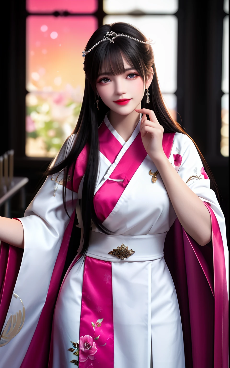 beste-Qualit, chef-d&#39;work, haut du corps, grenier, Theatre stage, 1 fille, mature woman, style chinois, porcelaine ancienne, sister, danseuse, sourire, cheveux noirs, coupe princesse, tresse Fried Dough Twists, Curled hair, double rotule, serpentins, light pink lips, calme, intellectuel, yeux rouges, glands, fil d&#39;argent, perles, fleurs, robes, capes, jupes en soie, broderie, visage fin, gros plan du visage, gros plan de la main, Colorful clothing, beau visage, photoreallistic, Rim Lighting, two tone lighting, (very detailed skin : 1.2), 8k uhd, dslr, softlighting, highly quality, volumeric lighting, Photographie, high resolucion, 4k, 8k, Bokeh