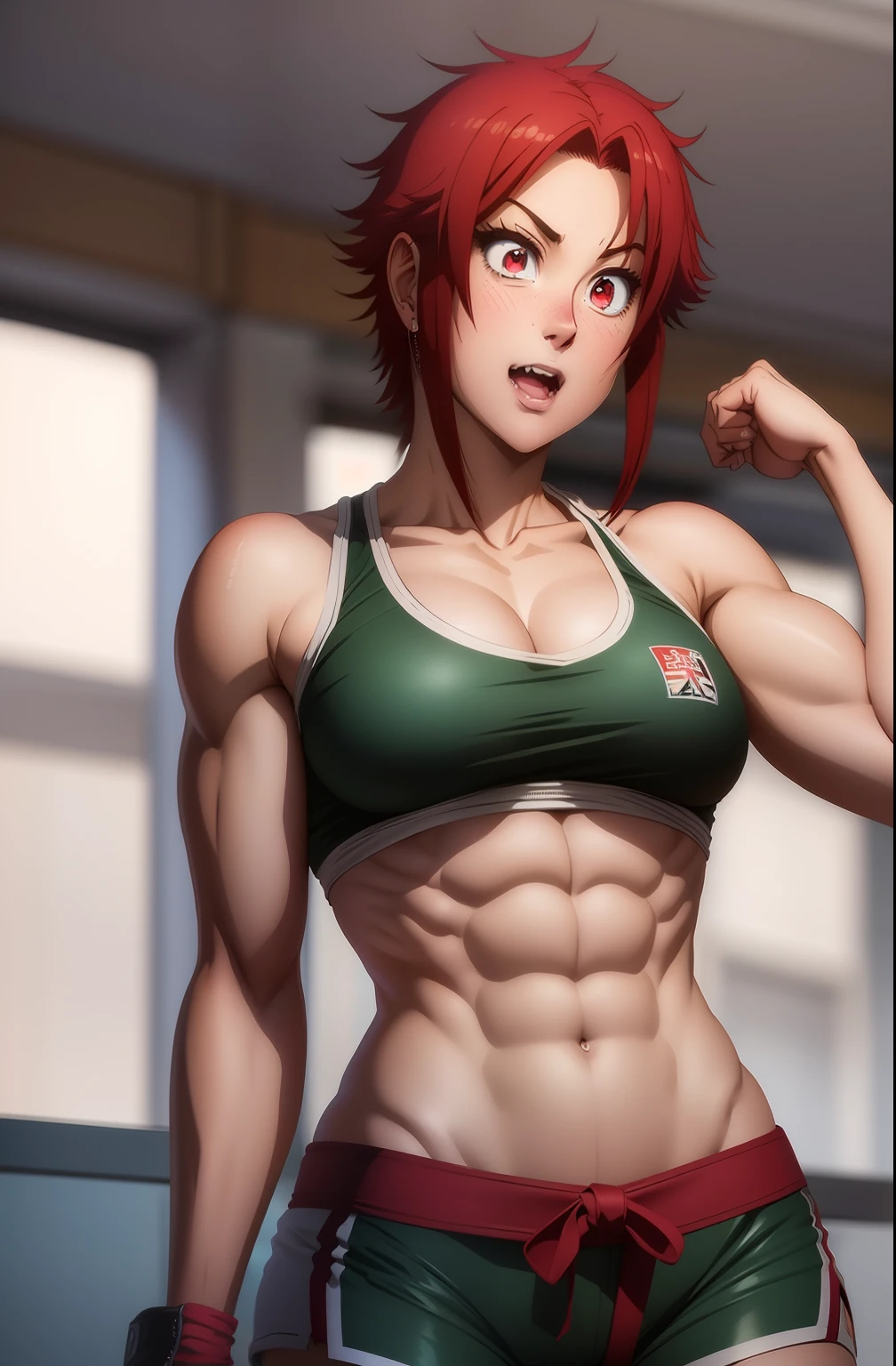 1 girl, redhead, 25 (years old), (intricate detail: 0.9), (hdr, hyper-detailed: 1.2) Tomo chan, Tomo, tomo chan red eyes, flawless, detailed face, eyes aligned, looking at viewer , focused, red hair, short hair, fangs, dressed as a fighter MMA, MMA, abs, toned abs, muscular girl, muscular female, view abs, full body, tomboy. DOJO karate background, detailed background, complex background, intricate background.