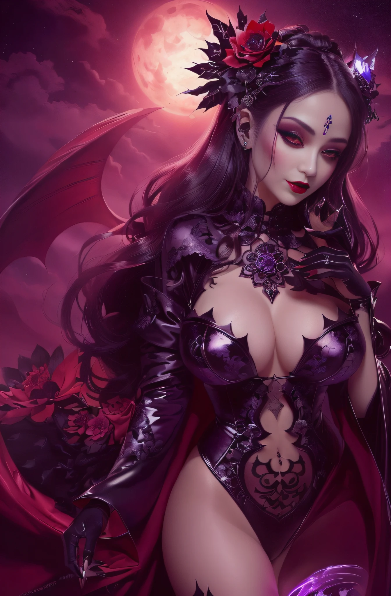 Mulher com uma capa preta e uma flor roxa no cabelo, Succubus bonito, Beautiful elegant demon queen, rainha vampira bonita, Gothic fantasy art, arte de estilo fantasia escura, Succubus em vestido curto apertado, Artgerm extremamente detalhado, succubus | medieval, rainha feminina vampira bonita, por Yang J, arte de fantasia sombria, fantasia arte escura.