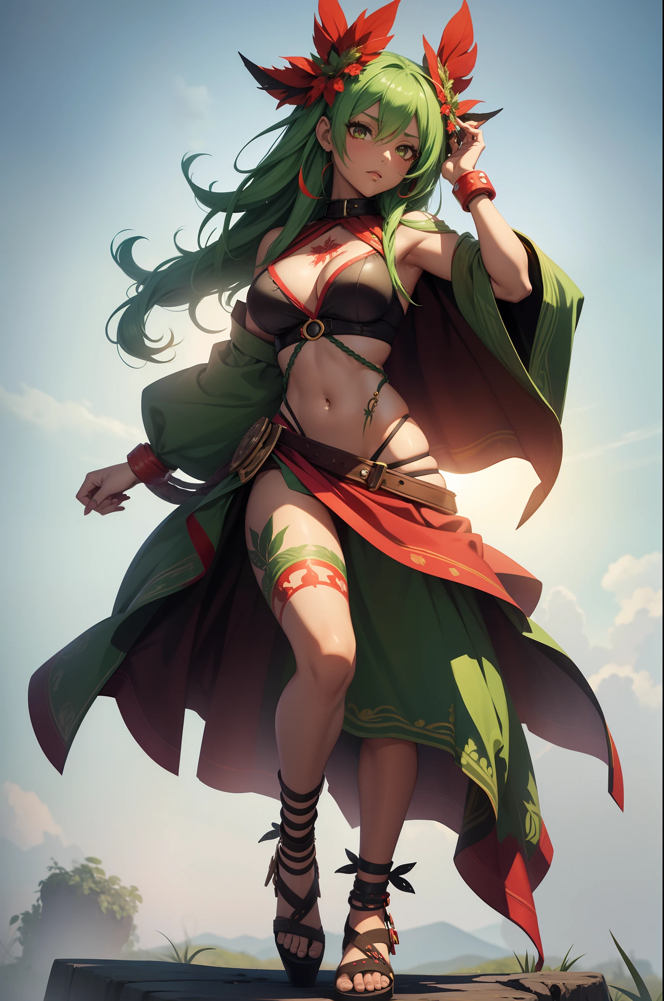 1womanl, Chibi character, Amazon, Brown-skinned, Green and red tatoo painted all over the body, Red flowers on green hair, Clothes made of animal skins, has a long whip, glaring eyes, braided sandals, delicate detail, Game Character Icons, Full-body view from head to toe, simple background, 3d, 8K, masutepiece, Best Quality