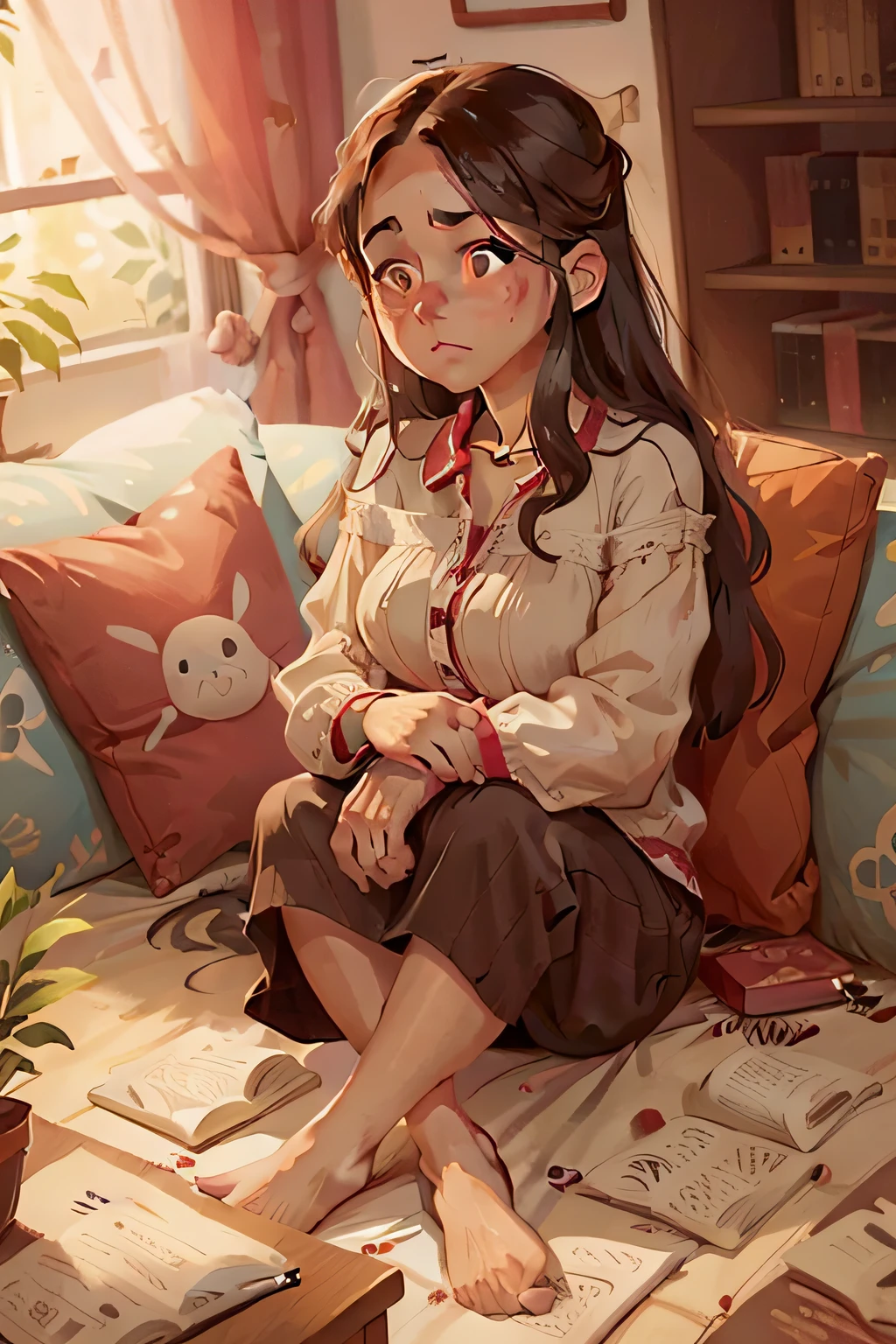 a beautiful woman in her 40s, long hair, perfect face, worried look, sitting on the sofa in the living room
