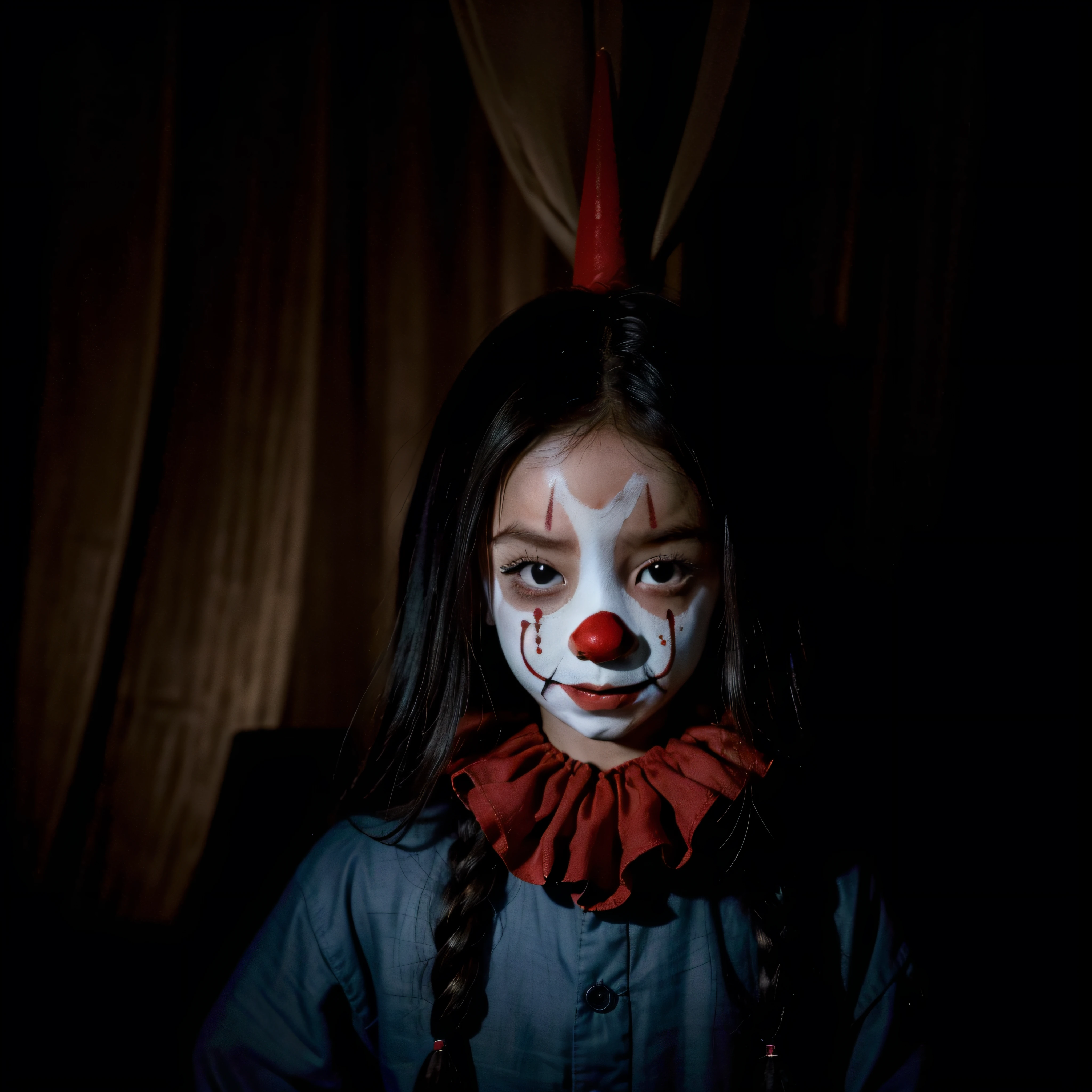 (extremadamente detallado, obra maestra, La mejor calidad, foto antigua, principios de siglo) dark ???? with horror clown masks, colmillos, una linterna directa lo ilumina, bosque de noche. plano cercano. sangre por el suelo.