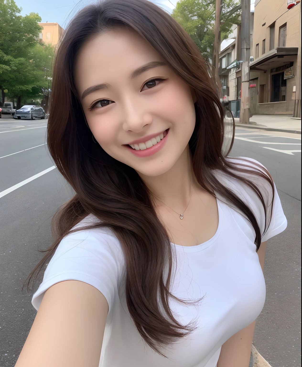 ((highest quality, 8k, masterpiece: 1.3)), sharp focus: 1.2, beautiful woman with perfect figure: 1.4, slim abs: 1.2, (layered hairstyles,: 1.2)), (wet white button long shirt: 1.3), rain: 1.3, street: 1.2, wet body: 1.1, Highly detailed face and skin texture, fine eyes, double eyelid, big breasts, smile,