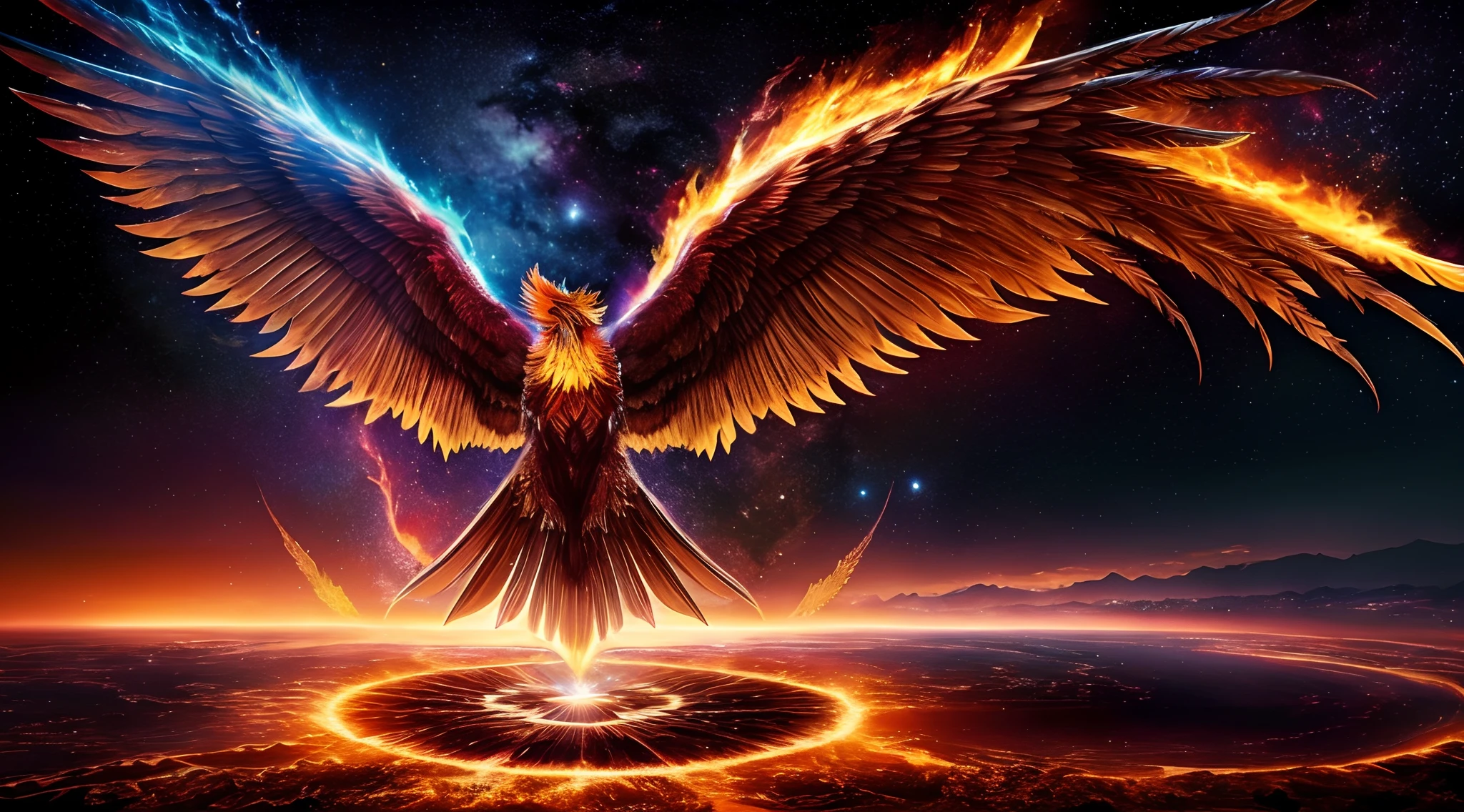 a bird with wings spread out in the sky with a star in the background, phoenix rising from the ashes, artwork of a phoenix, ''wallpaper of a phoenix, phoenix rising, phoenix in fire, ''wallpaper of a phoenix resting, phoenix warrior, the solarpunk phoenix, fiery bird, phoenix-inspired, with fiery golden wings, with fiery golden wings of flame