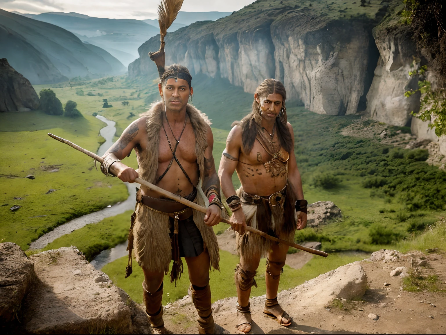 far cry, stones, Stone Age, valley somewhere in primeval Europe, prehistoric tribes standing covered in cracking facepaint and nasty scars and adorned with various furs, bones, and sticks, cannibalistic shaman, caves, realistic, details, hd, ancient stone structures