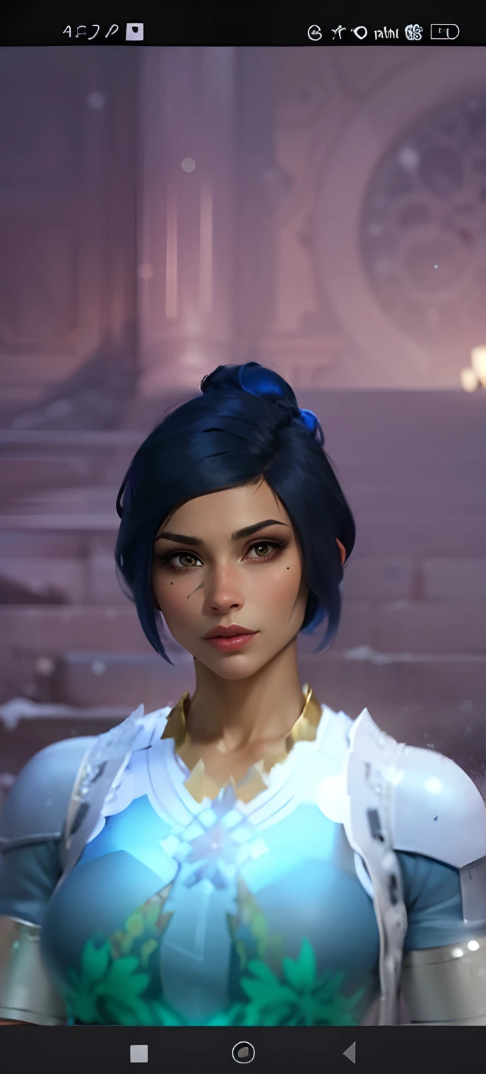 a close up of a person in a blue dress with a blue hair, short blue haired woman, ingame image, cattie - brie of mithril hall, brigitte, avatar image, zenra taliyah, inspired by Adélaïde Victoire Hall, taliyah, pharah, alluring mesmer woman, ethereal vaporous tan skin, icey snow background, snow, ice, hd, high quality, masterpiece, snow background beautiful snow, ice, 4k, bloom