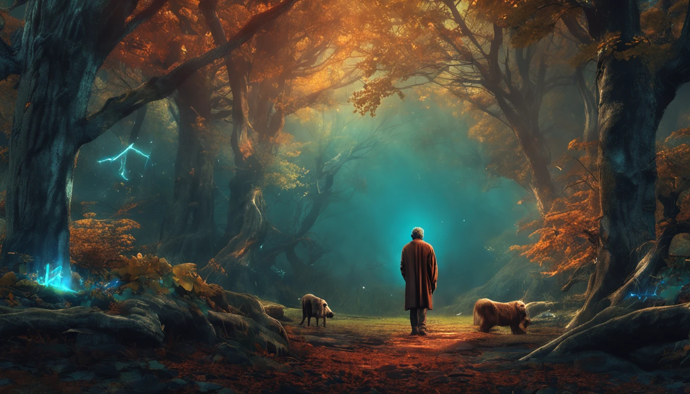 A mystical journey through an ancient forest, where young man character meets in the forest a wise old man and learn valuable life lessons. iluminador, transformative and magical, encantador, ethereal. outro mundo. misterioso, espiritual e comovente. create an atmosphere of mystery and spiritual depth. profundo, thought-provoking and philosophical, Valuable life lessons learned