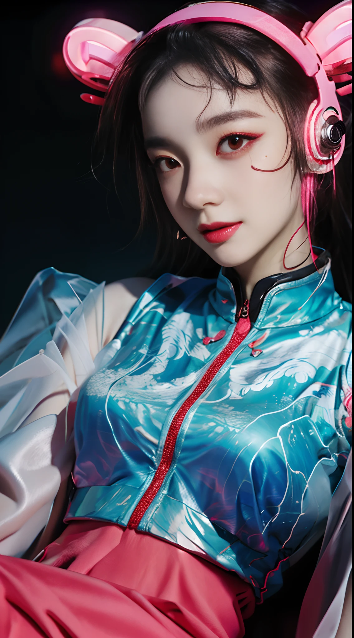 1 girl, Chinese_clothes, liquid silver and pink, cyberhan, cheongsam, cyberpunk city, dynamic pose, glowing headphones, glowing hair accessories, long hair, glowing earrings, glowing necklace, cyberpunk, high-tech city, full of mechanical and futuristic elements, futuristic, technology, glowing neon, pink, pink light, transparent tulle, transparent streamers, laser, digital background urban sky, big moon, with vehicles, best quality, masterpiece, 8K, character edge light, Super high detail, high quality, the most beautiful woman in human beings, smiling slightly, face facing front and left and right symmetry, ear decoration, beautiful pupil light effects, visual data, silver-white hair, hair is not messy, long hair over the waist, luminous electronic watch, deep eyes, happy, English doodling