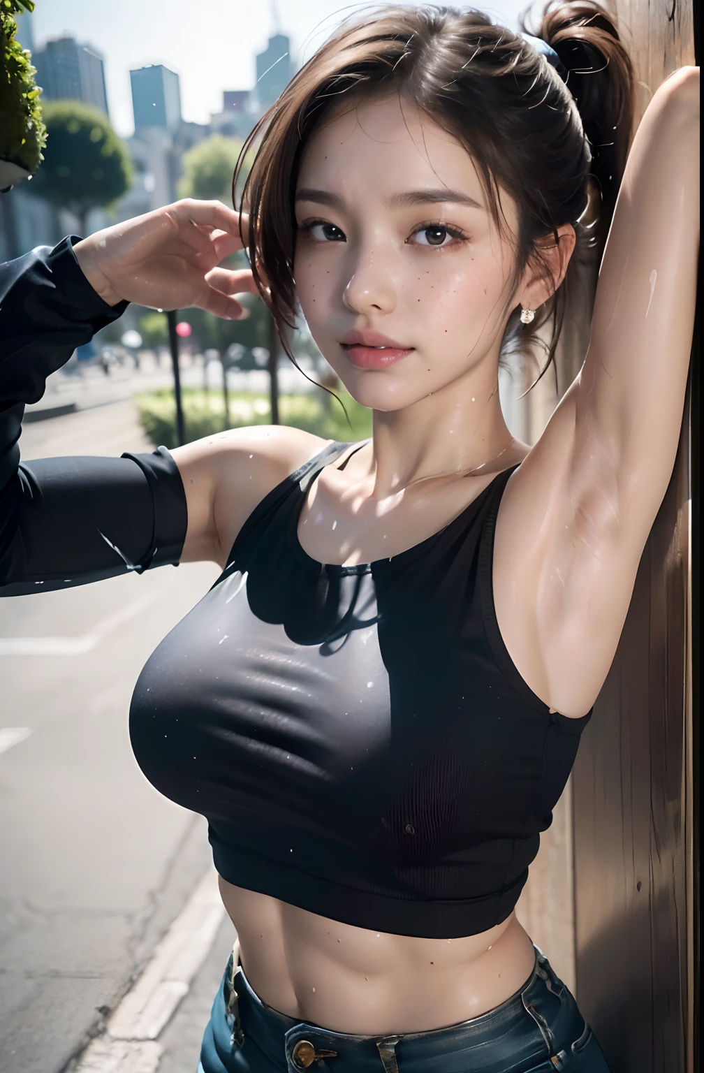 ((-yeld gishows her armpits、Everything that looks under the armpits、Armpit、oiled slimy armpits:1.20、Oiled tecateca armpits:1.20、Armpits are shiny with oil:1.20、Detailed wrinkles in the armpits:1.8、Wrinkles under the armpits:1.8、Sweaty face、Show me your armpits、The body is facing straight forward towards the viewer、The body is turned straight towards us、Smaller face:1.4、Smaller head:1.4. Ultra Real、Armpit、Bright armpits:1.8、Shine a light in the armpits:1.8、Detailed armpit wrinkles、Detailed armpit pores、Realistic armpit skin、Shine a light in the armpits、Bright armpits、no-bra、Sweat-drenched white sleeveless tank top)), (no-bra、on the park、Alone girl in the park、illustratio、no-bra、White sweat drenched sleeveless tank top、White panty), (hight resolution), (8K), (ighly detailed), (The best illustrations), (armpit pose、beatiful detailed eyes), (top-quality), (ultra-detailliert), (masterpiece), (wall-paper), (详细的脸), 11 year ockles on the face、Show shiny wrinkled armpits,Brown hair,high-ponytail Hairstyle、Upper body only,Navel is visible、No bra、Woman in sweaty white tank top without sleeves、japanes,