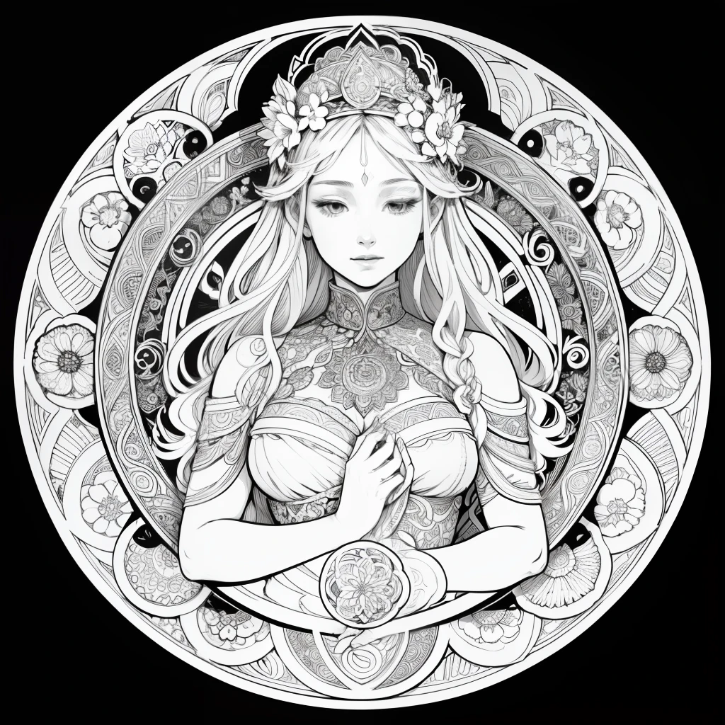 Flowers and goddess, ploynesian, garden, art for coloring book page, full white background, only use outline, line art, coloring book, clean line art, mandala for coloring with nature ornaments, simple and clean line art, coloring book page, adorned in Art Nouveau style, with a stroke of Alfons Mucha's brush, perfect details, real.
