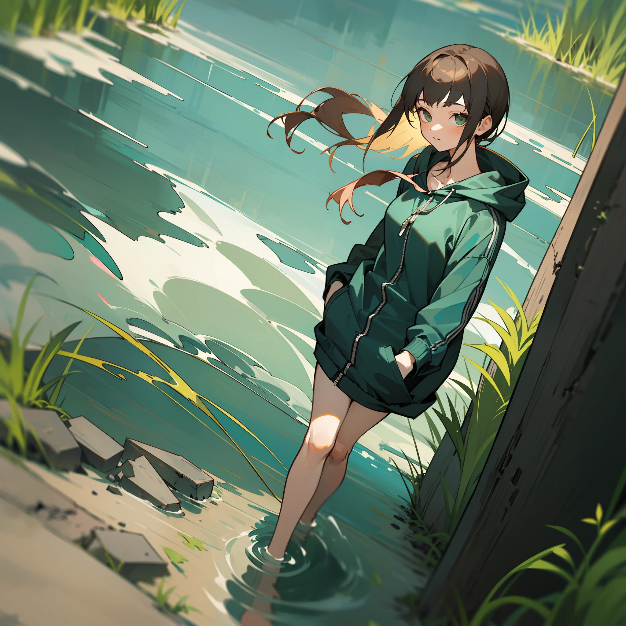 mksks style, (very detailed background:1.0), (highly detailed background:1.0), 1girl, full_body, looking_at_viewer, hoodie, partially_unzipped, masterpiece, best quality, (1girl, solo, girl:1.2), lake, grass, walking on water, jumping, stone ruins, chromatic aberration, depth of field, soft lighting