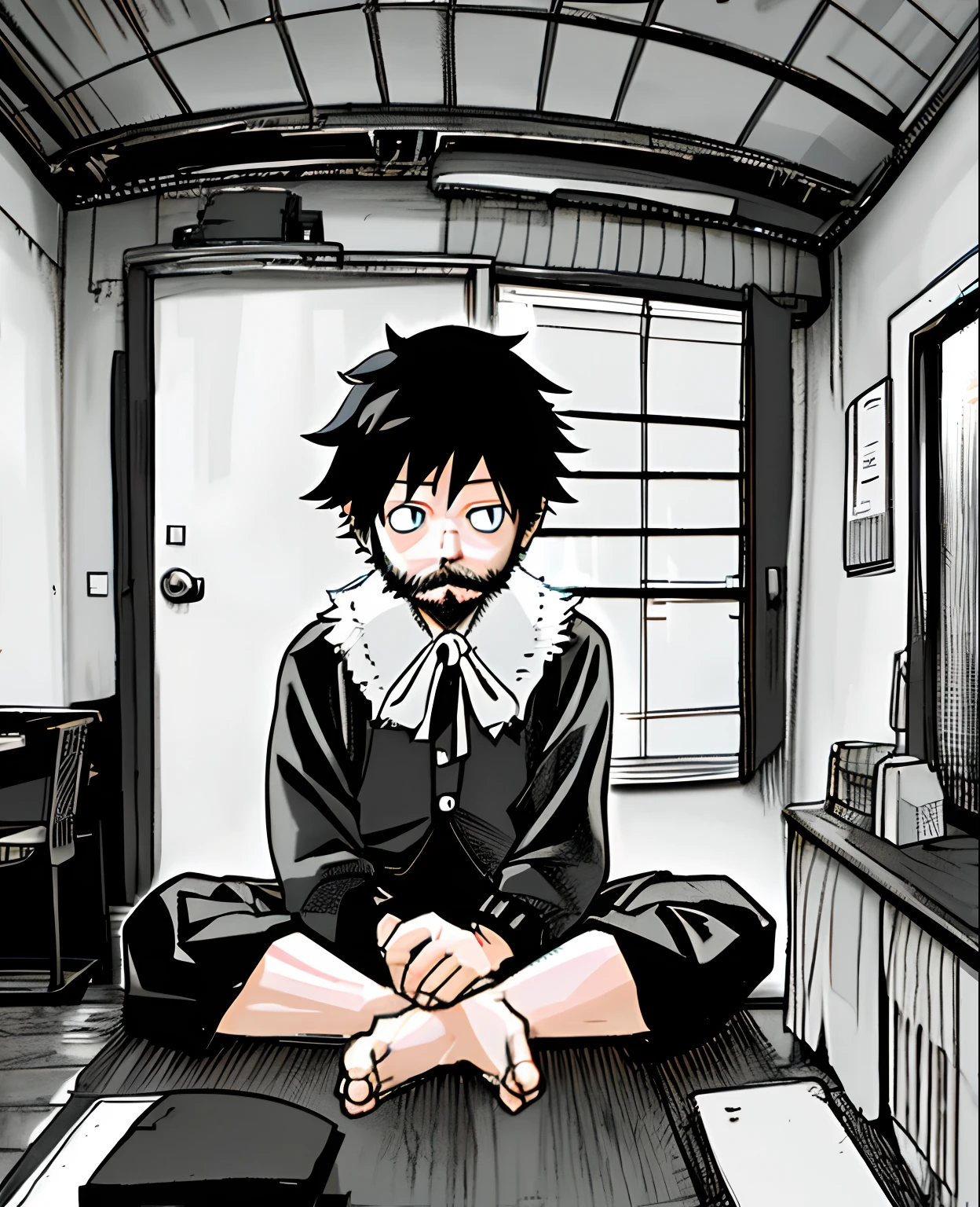 anime, lad, round face, Short Hair Hair, bangs, Black Hair, beard, Black mustache and beard, tiny, kawaii, thin body, sparkling eyes, Bedroom Background, sleepy eyes, Seated