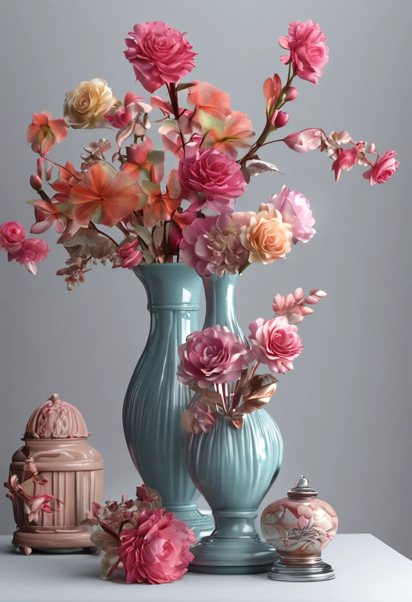 best qualtiy,The three hyper-realistic vases are displayed one by one,The vase is filled with colorful flowers,The image is realistic and detailed,Flowers glow,I dreamed of flowers blooming in a vase,The flowers are rich in color,The 3D effect comes to life,The lights and flowers present a realistic effect,The lighting and shadows are extremely realistic,Showcases a realistic three-dimensional style,It gives a very real feeling,The background is white(detailedlight),The overall effect is extremely delicate and beautiful。