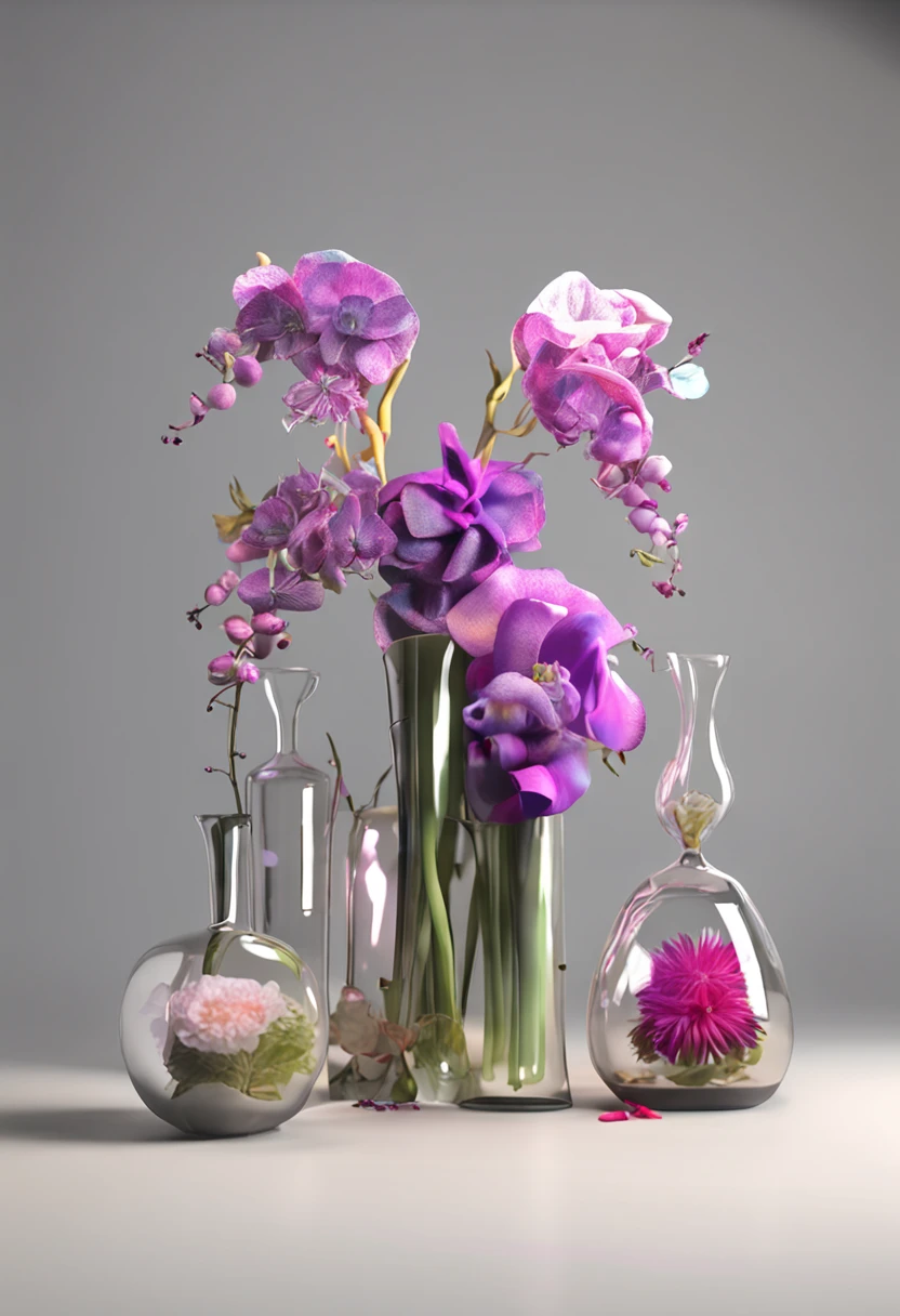 best qualtiy，The three hyper-realistic vases are displayed one by one，The vase is filled with colorful flowers，The image is realistic and detailed，Flowers glow，I dreamed of flowers blooming in a vase，The flowers are rich in color，The 3D effect comes to life，The lights and flowers present a realistic effect，The lighting and shadows are extremely realistic，Showcases a realistic three-dimensional style，It gives a very real feeling，The background is white（detailedlight），The overall effect is extremely delicate and beautiful。
