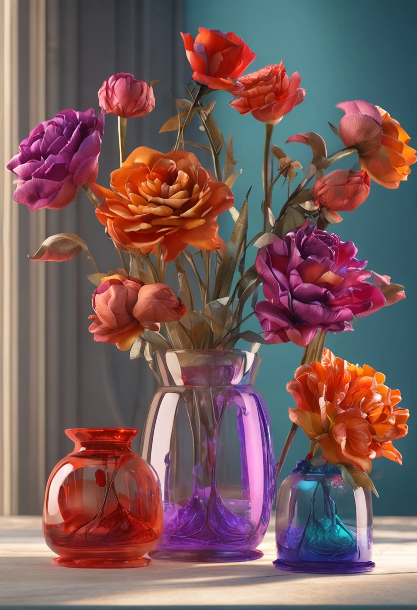 best qualtiy,The three hyper-realistic vases are displayed one by one,The vase is filled with colorful flowers,The image is realistic and detailed,Flowers glow,I dreamed of flowers blooming in a vase,The flowers are rich in color,The 3D effect comes to life,The lights and flowers present a realistic effect,The lighting and shadows are extremely realistic,Showcases a realistic three-dimensional style,It gives a very real feeling,The background is white(detailedlight),The overall effect is extremely delicate and beautiful。