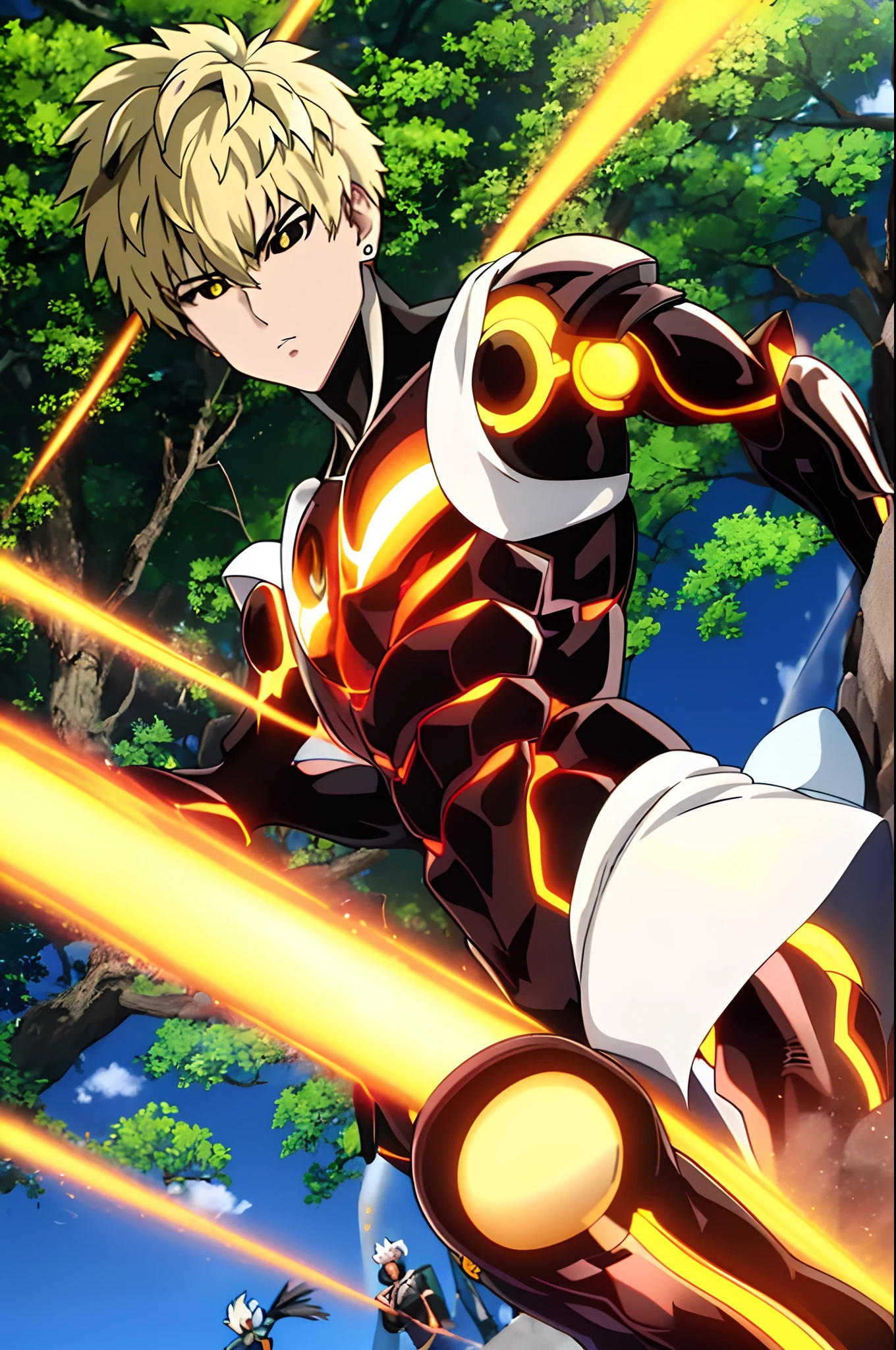 Genos, anime, Um soco, 1st grade, Foco masculino, 1st grade, parte superior do corpo, (aura amarela:1.4), blonde hair, sozinho, olhos brilhantes, avental, peitoral robotico, ciborgue, fire, esclera colorida, olhos amarelos, Esclera Negra, circunstanciado, best quality, propped up in a tree , perto de um rio